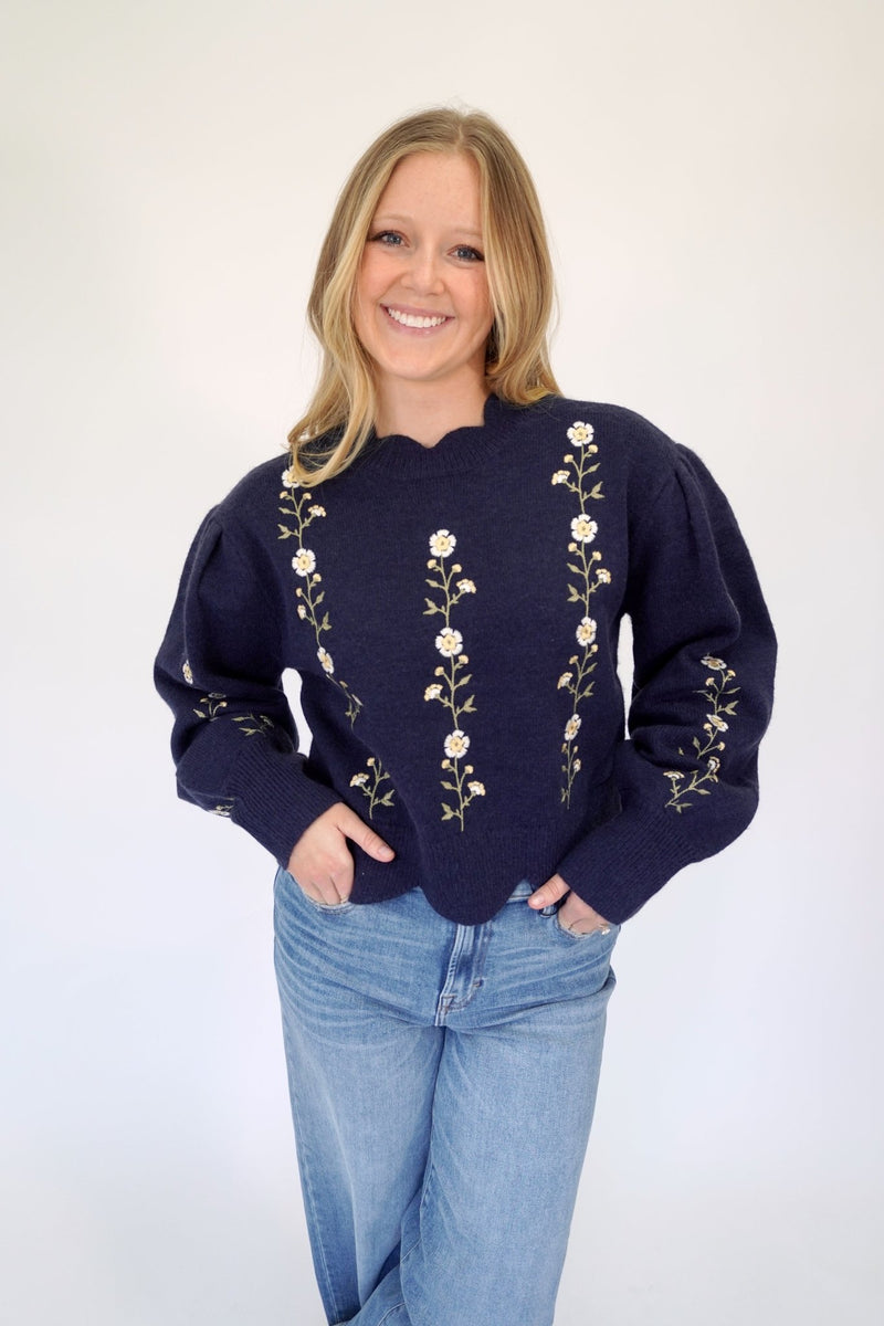 Emma Navy Flower Puff Sleeve Boutique Sweater - Anderson Ave boutique