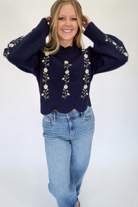 Emma Navy Flower Puff Sleeve Boutique Sweater - Anderson Ave boutique