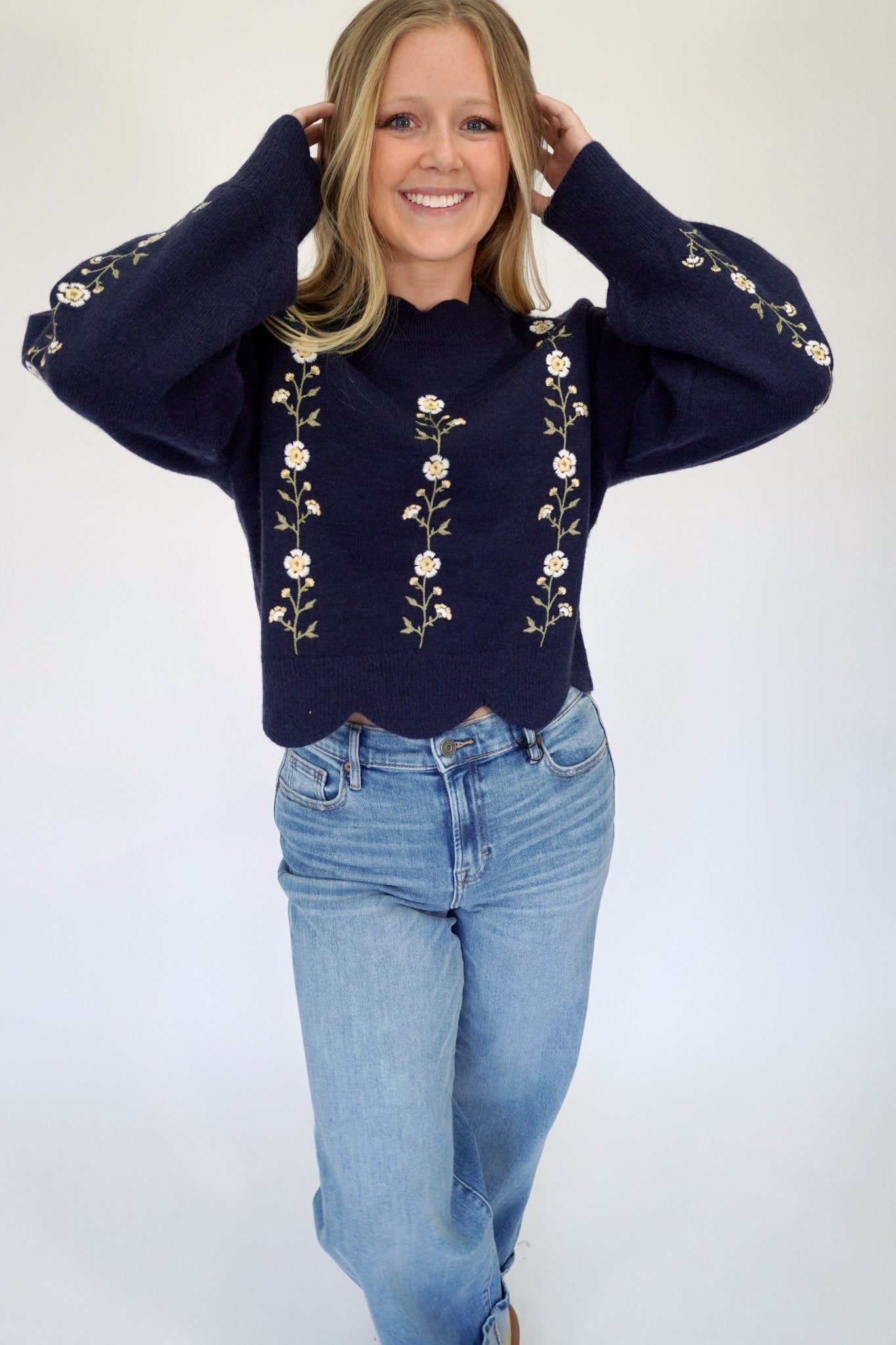 Emma Navy Flower Puff Sleeve Boutique Sweater - Anderson Ave boutique