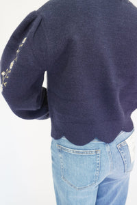 Emma Navy Flower Puff Sleeve Boutique Sweater - Anderson Ave boutique