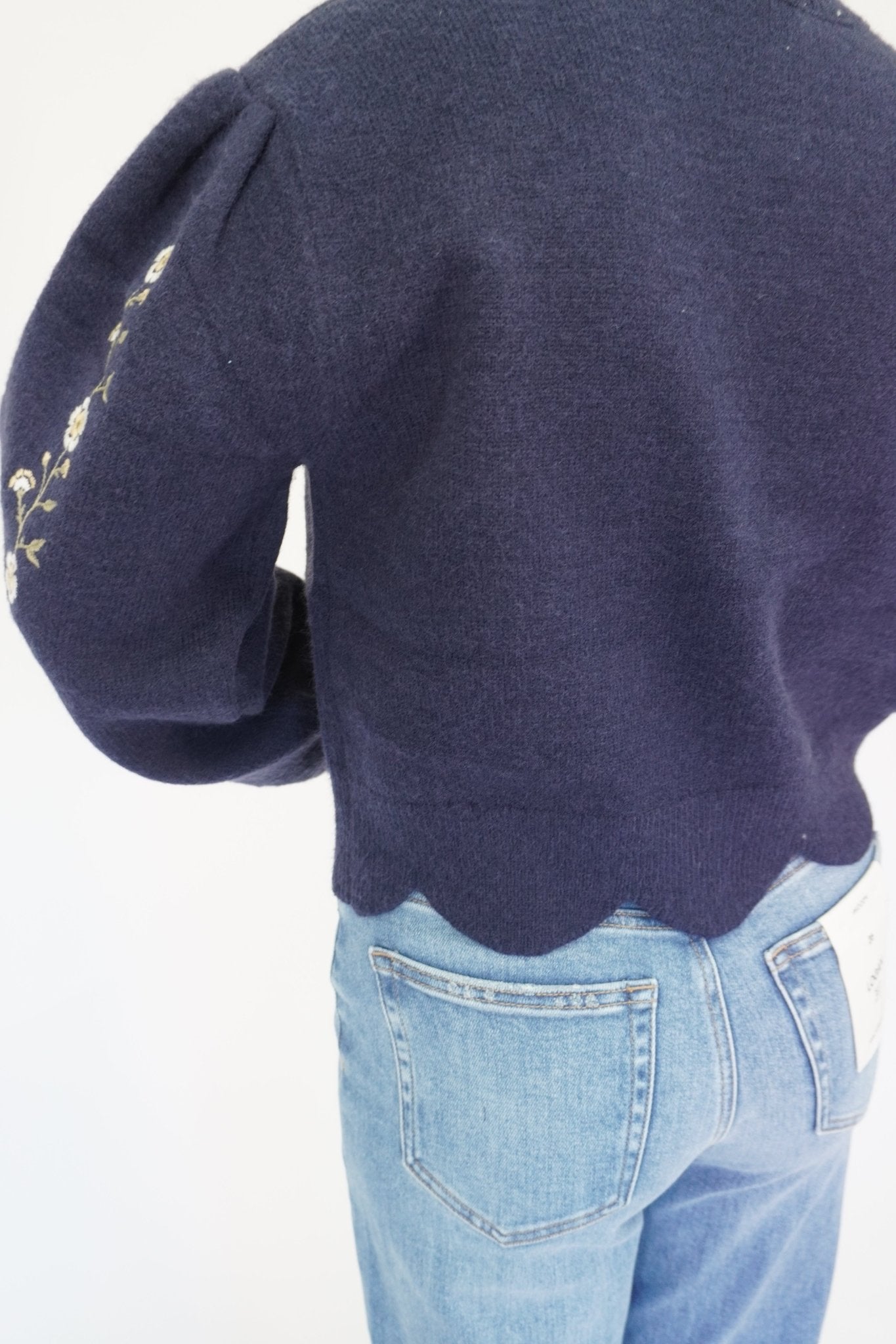 Emma Navy Flower Puff Sleeve Boutique Sweater - Anderson Ave boutique