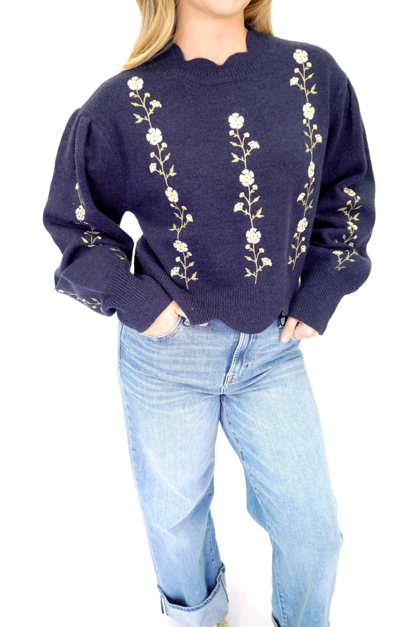 Emma Navy Flower Puff Sleeve Boutique Sweater - Anderson Ave boutique