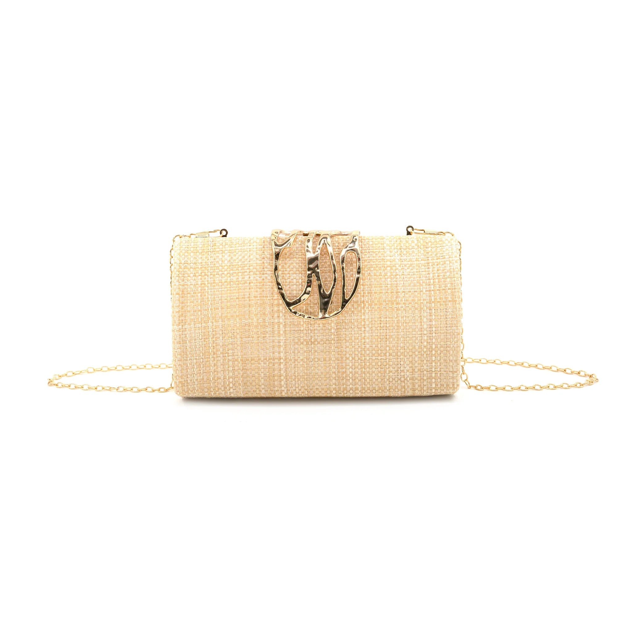 Gaia Woven Straw Clutch – Elegant Evening Bag with Gold Hardware - Anderson Ave boutique