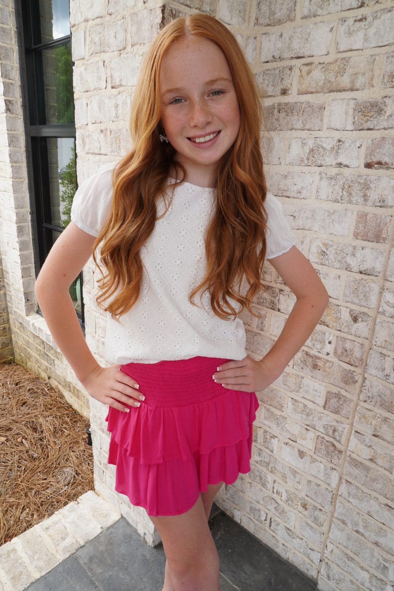 Girls Smocked Ruffle Tiered Mini Skirt - Fuchsia - Anderson Ave boutique