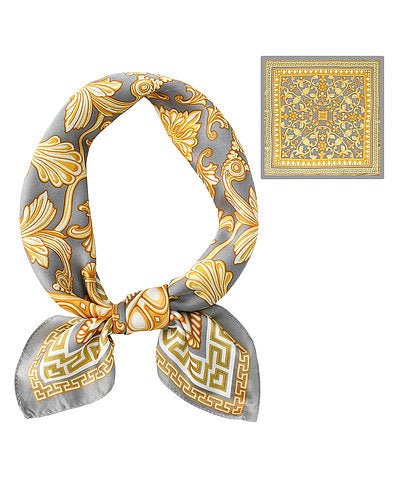 Gray and Gold Baroque Print Satin Square Scarf - Anderson Ave boutique