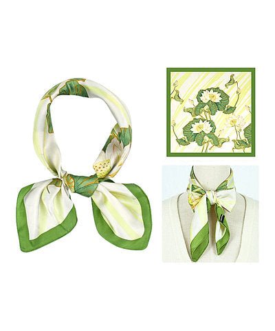 Green and Cream Lotus Floral Print Satin Square Scarf - Anderson Ave boutique