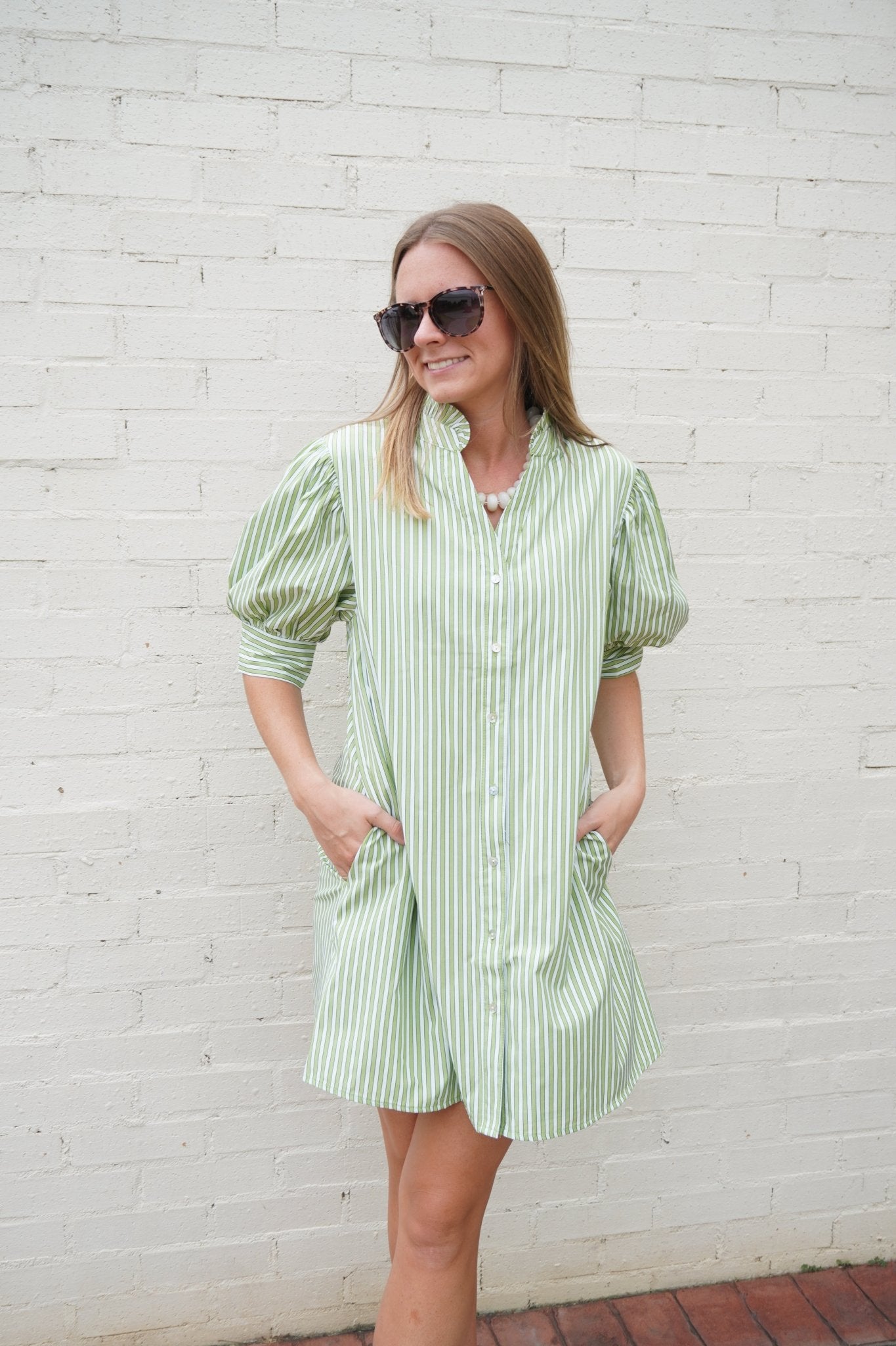 Green Stripe Ruffle Neck Puff Sleeve Mini Dress - Anderson Ave boutique