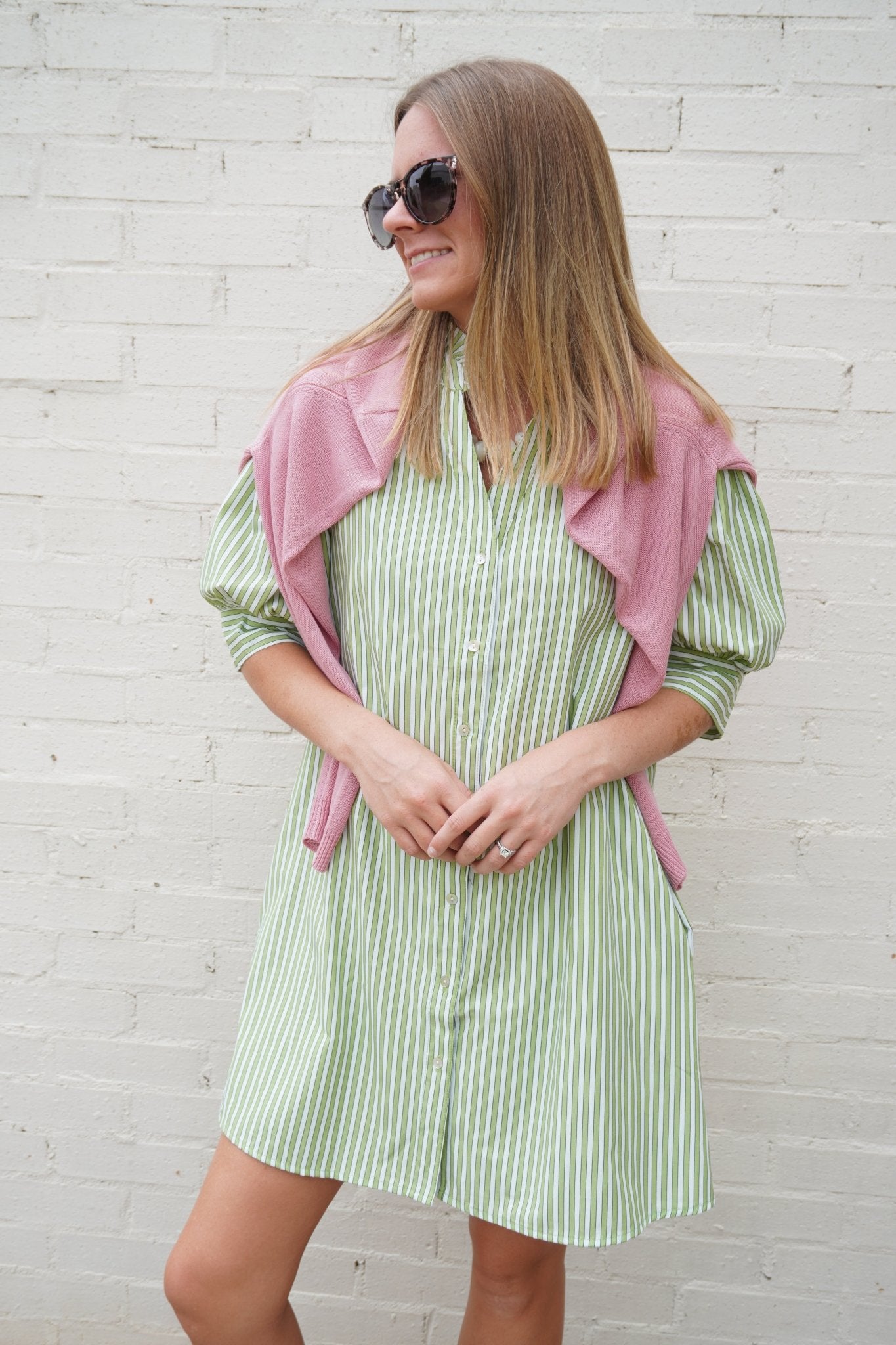 Green Stripe Ruffle Neck Puff Sleeve Mini Dress - Anderson Ave boutique