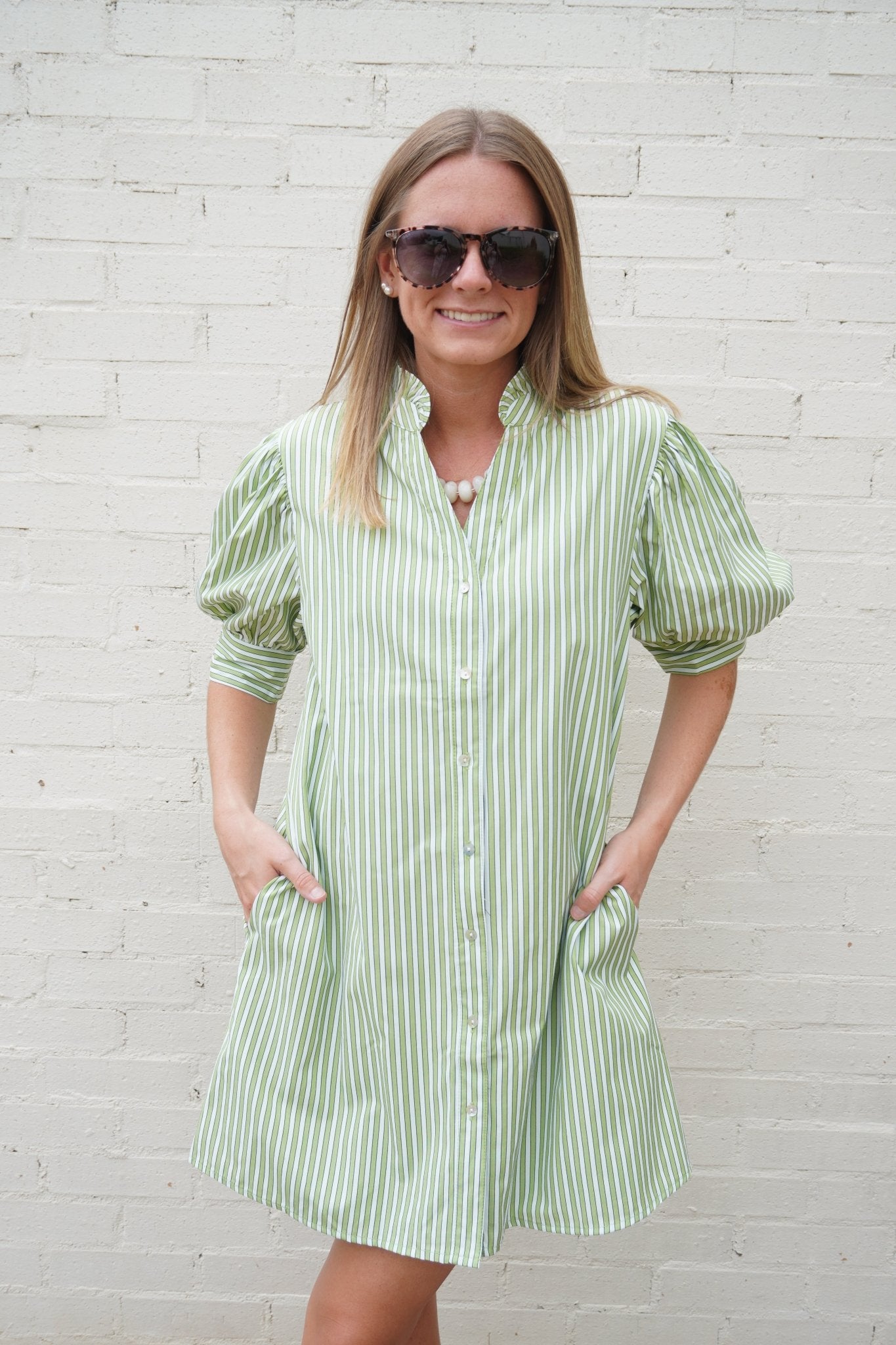 Green Stripe Ruffle Neck Puff Sleeve Mini Dress - Anderson Ave boutique