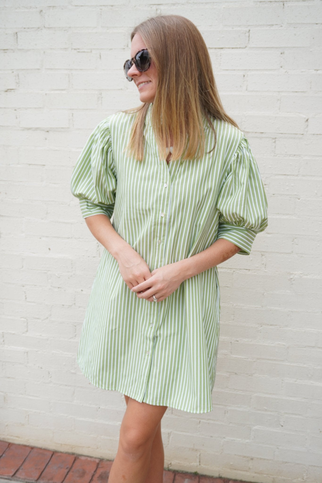 Green Stripe Ruffle Neck Puff Sleeve Mini Dress - Anderson Ave boutique