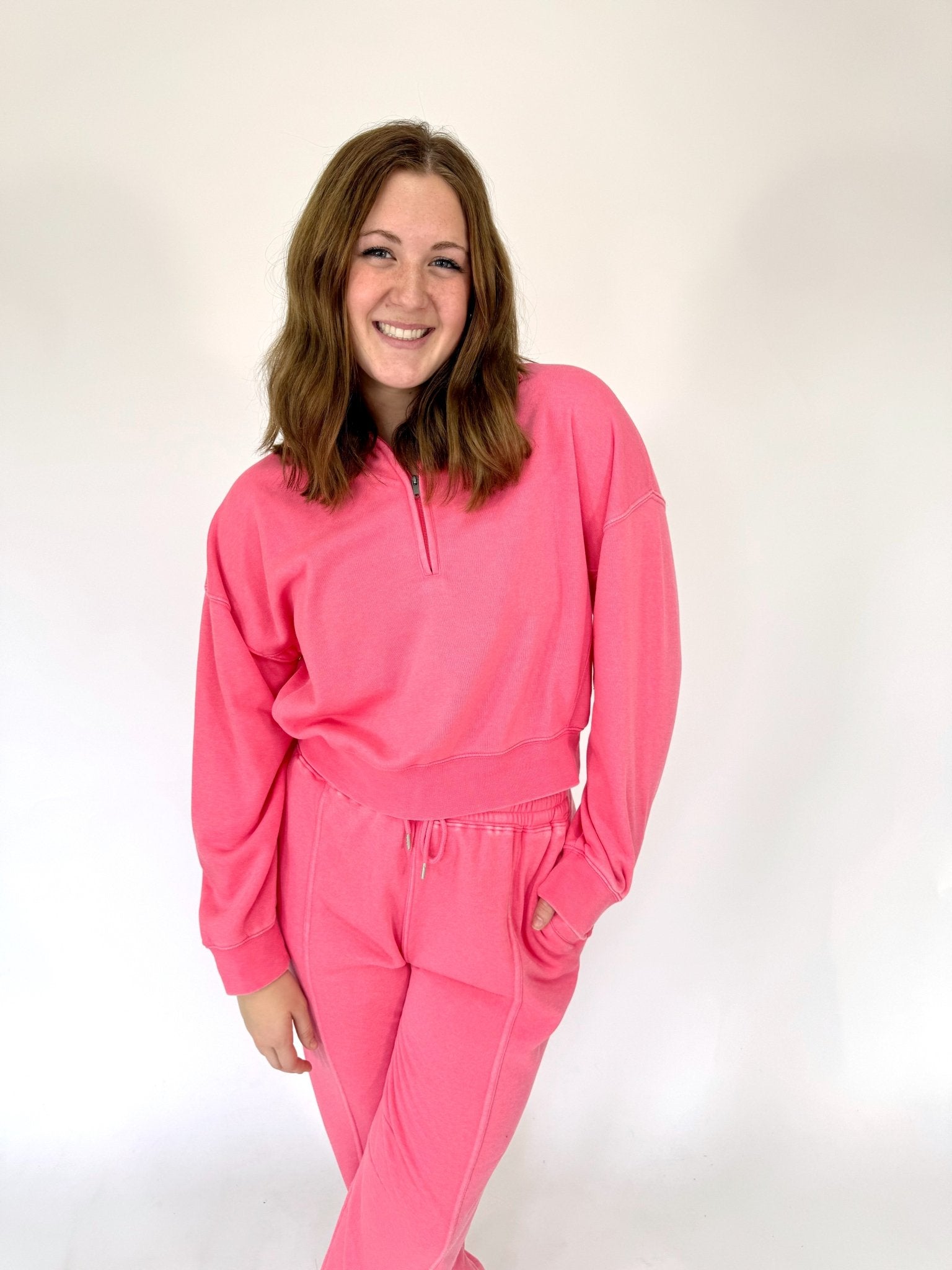Harper Pink Half - Zip Lounge Set – Cozy Matching Sweatshirt & Pants - Anderson Ave boutique