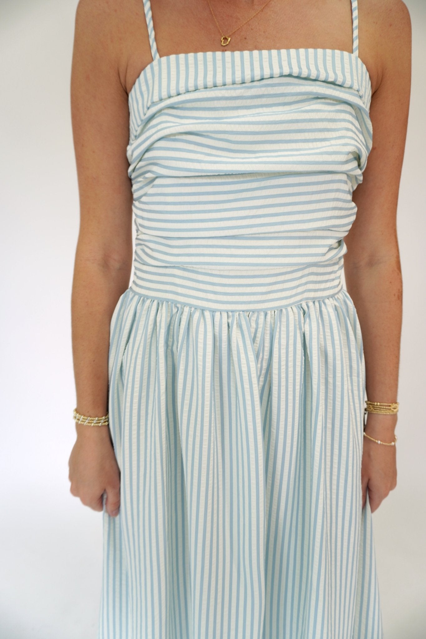 Isla Striped Smocked Bodice Midi Dress - Sky Blue - Anderson Ave boutique