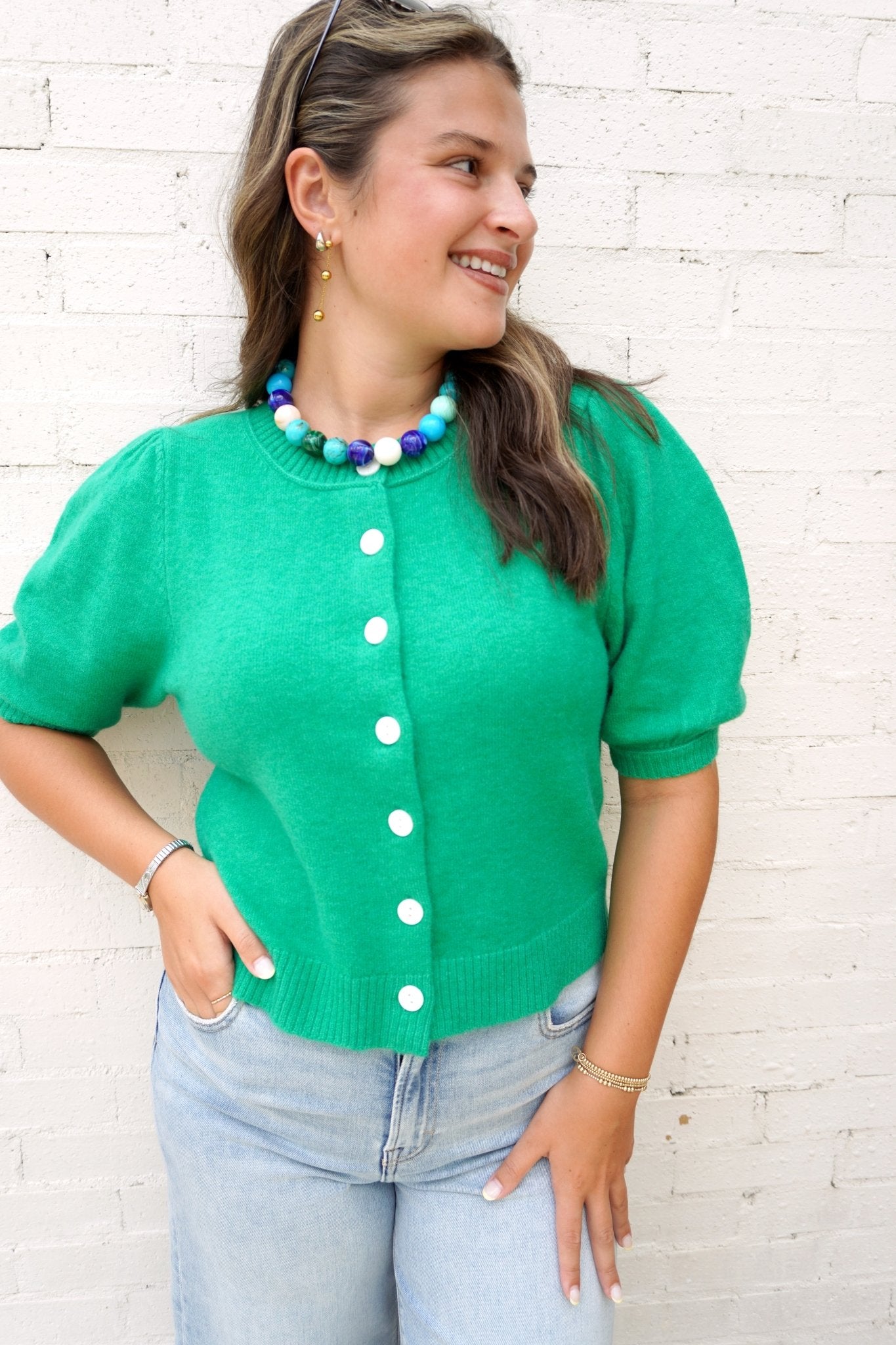Kelly Green Puff Sleeve Button Cardigan - Anderson Ave boutique