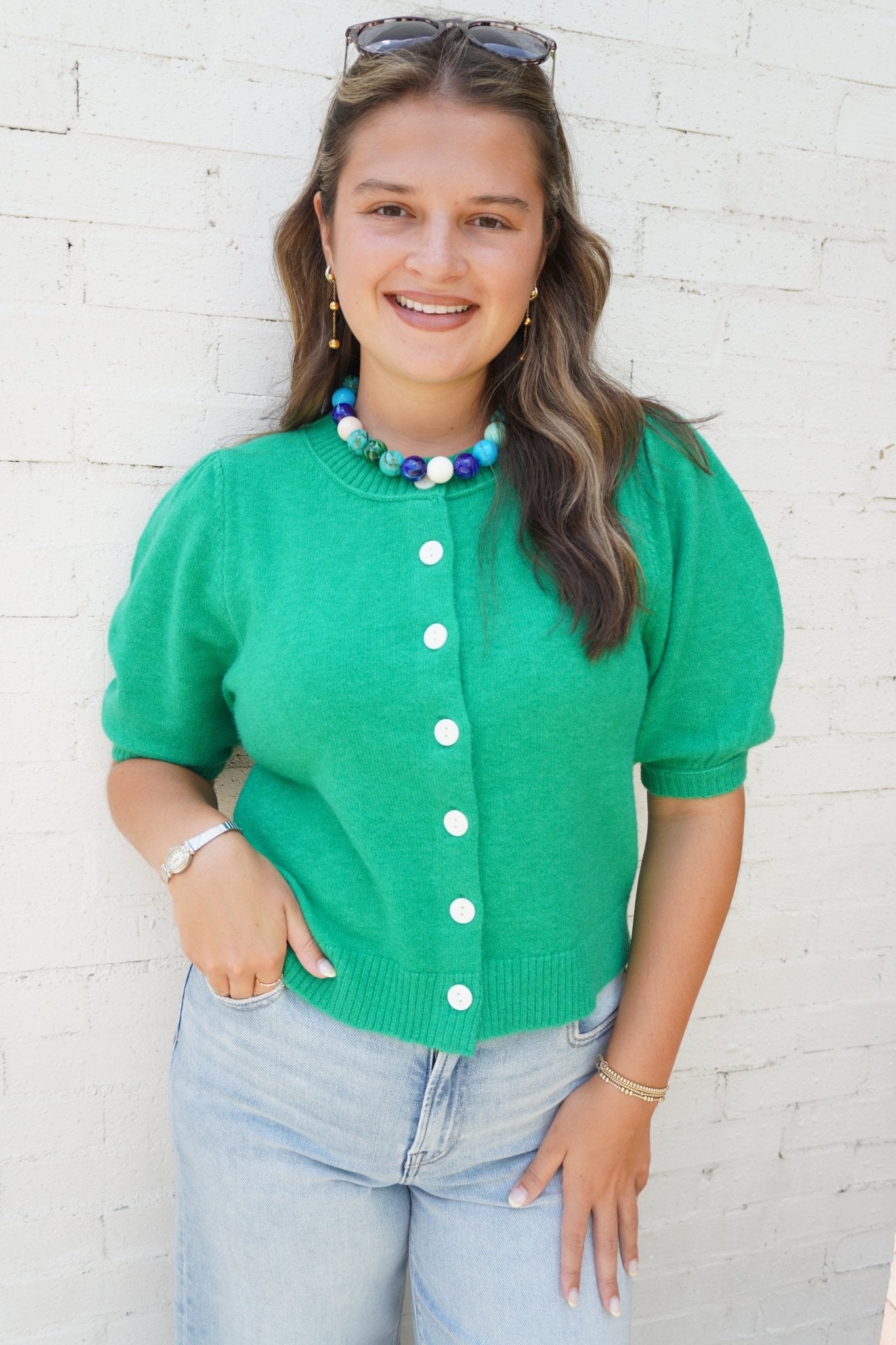 Kelly Green Puff Sleeve Button Cardigan - Anderson Ave boutique