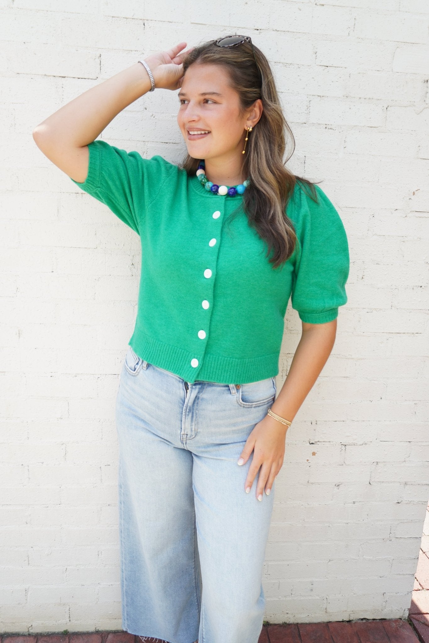 Kelly Green Puff Sleeve Button Cardigan - Anderson Ave boutique