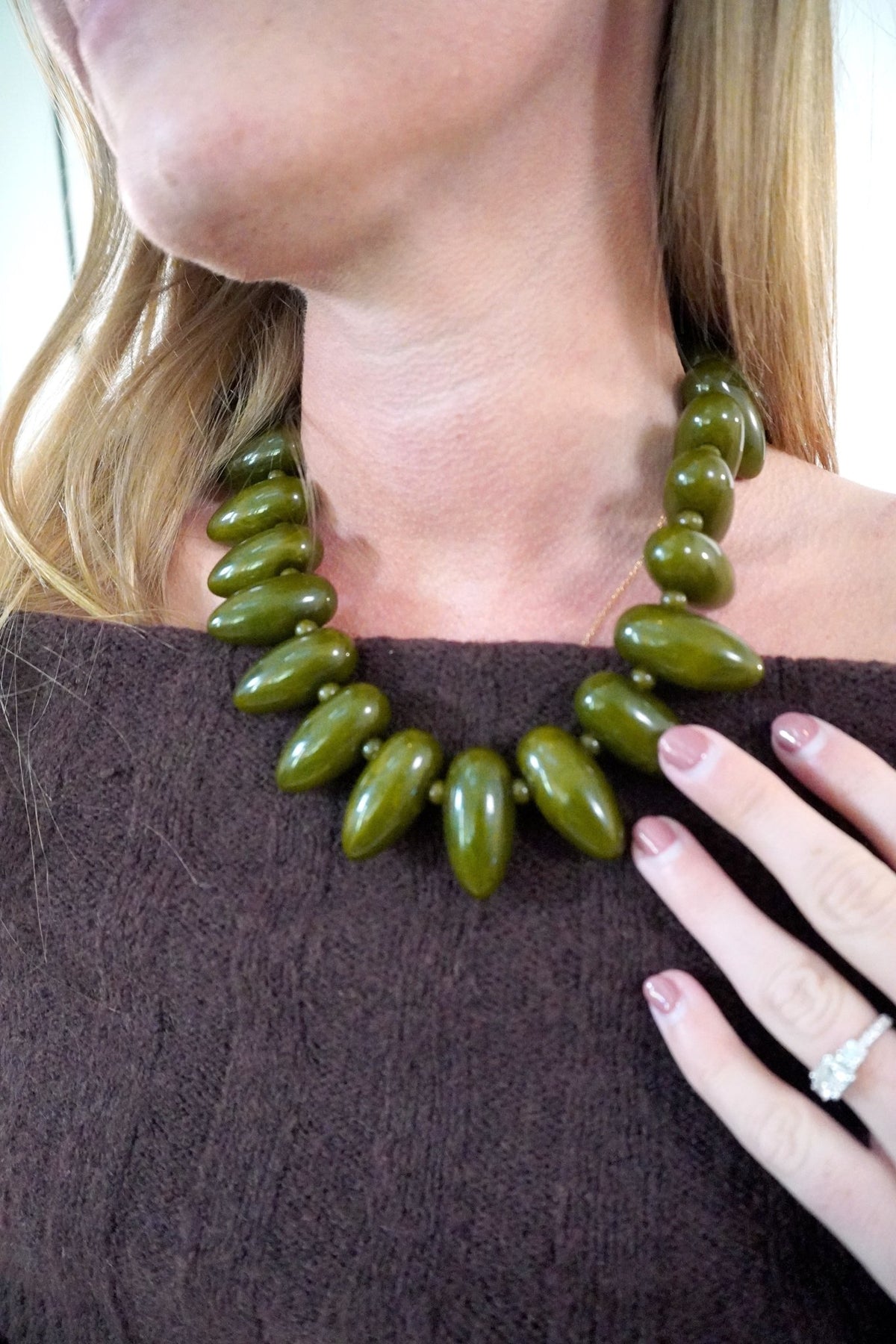 Large Olive Green Marbled Beaded Collar Necklace - Anderson Ave boutique