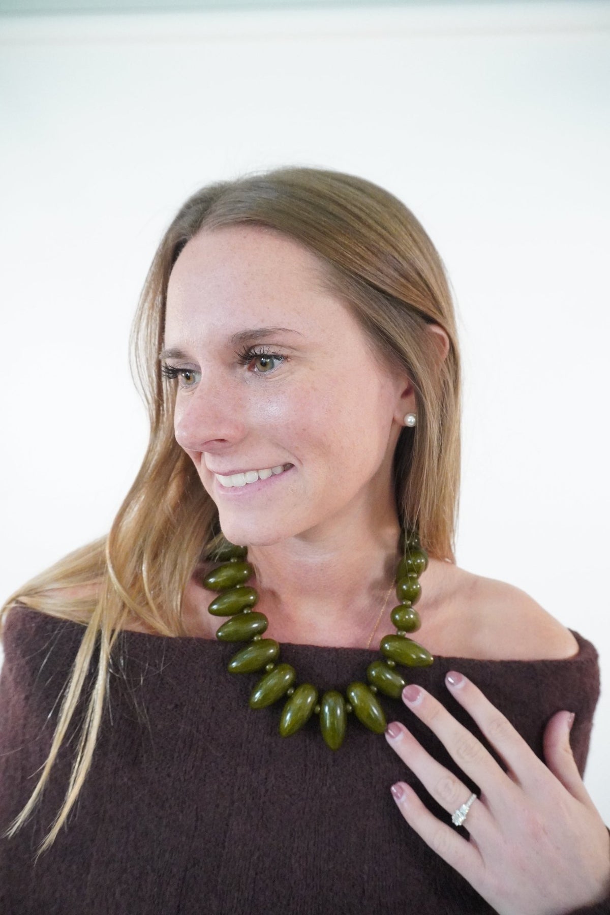 Large Olive Green Marbled Beaded Collar Necklace - Anderson Ave boutique