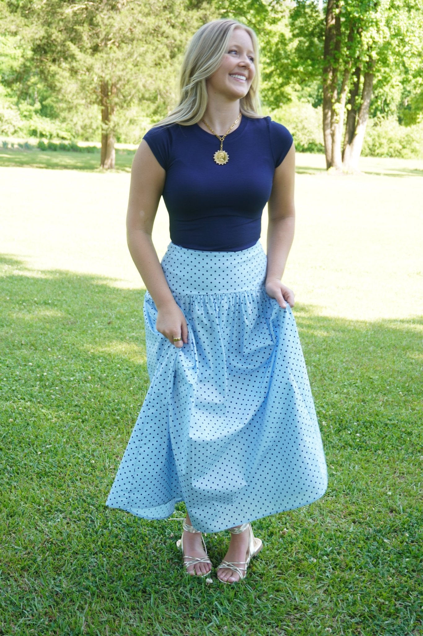 Light Blue Polka Dot Maxi Skirt - Anderson Ave boutique