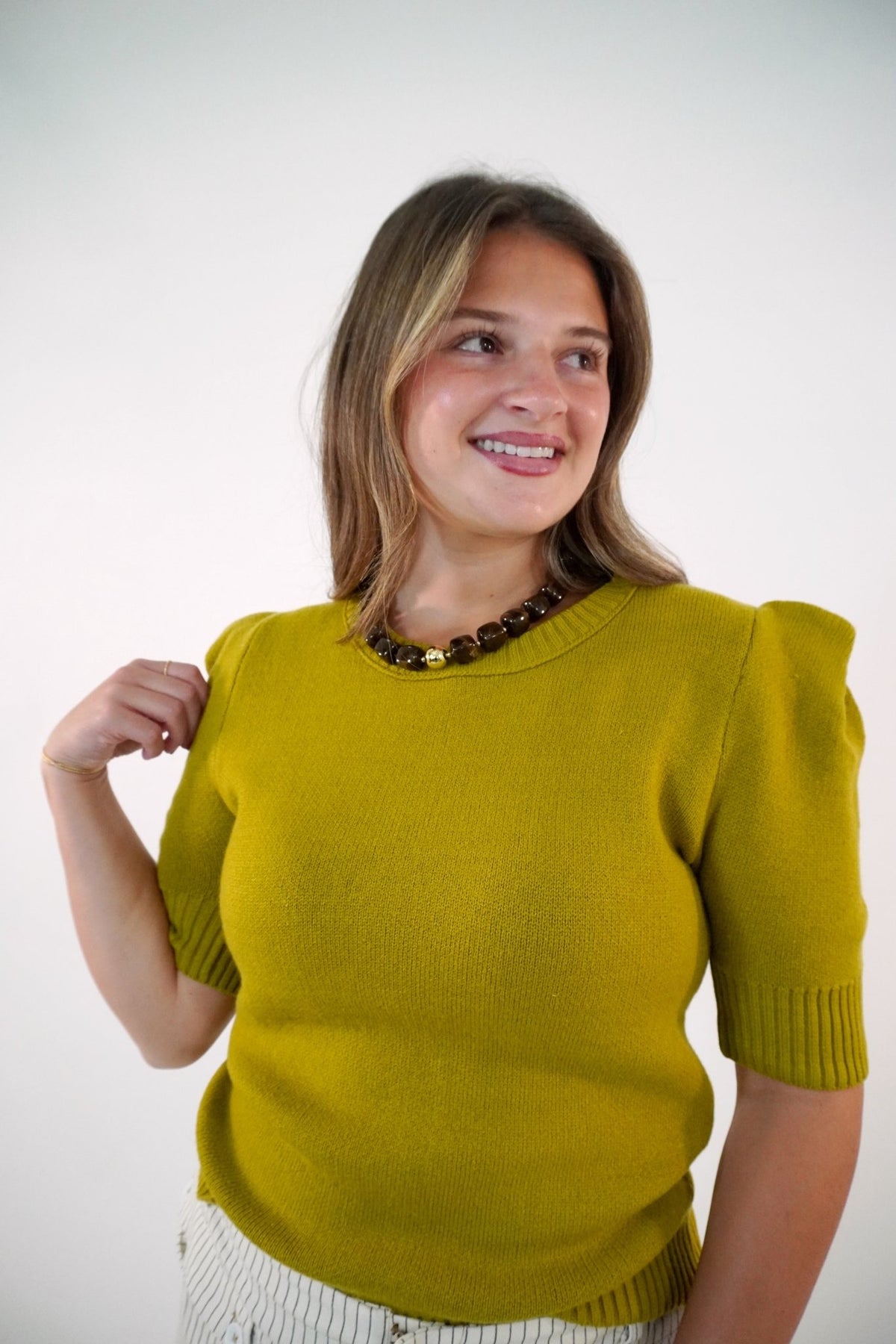 Light Olive Puff Sleeve Sweater Top - Anderson Ave boutique