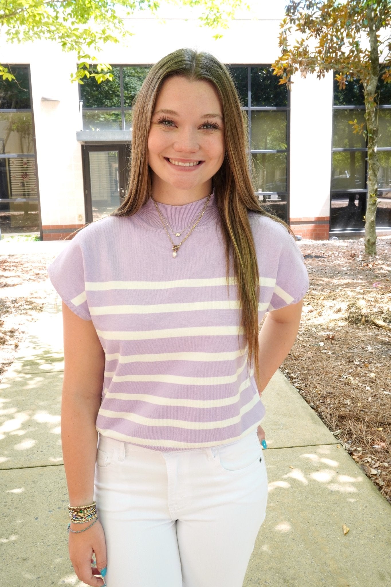 Lilac Striped Mock Neck Knit Top - Anderson Ave boutique