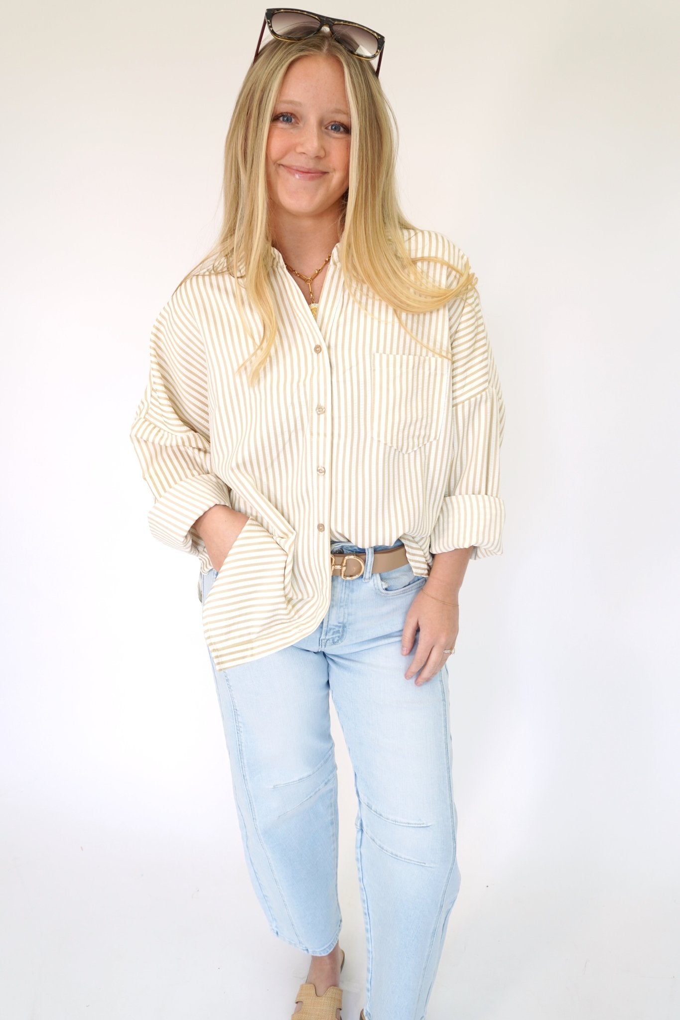 Luxe Relaxed Striped Button - Up Shirt in Taupe - Anderson Ave boutique