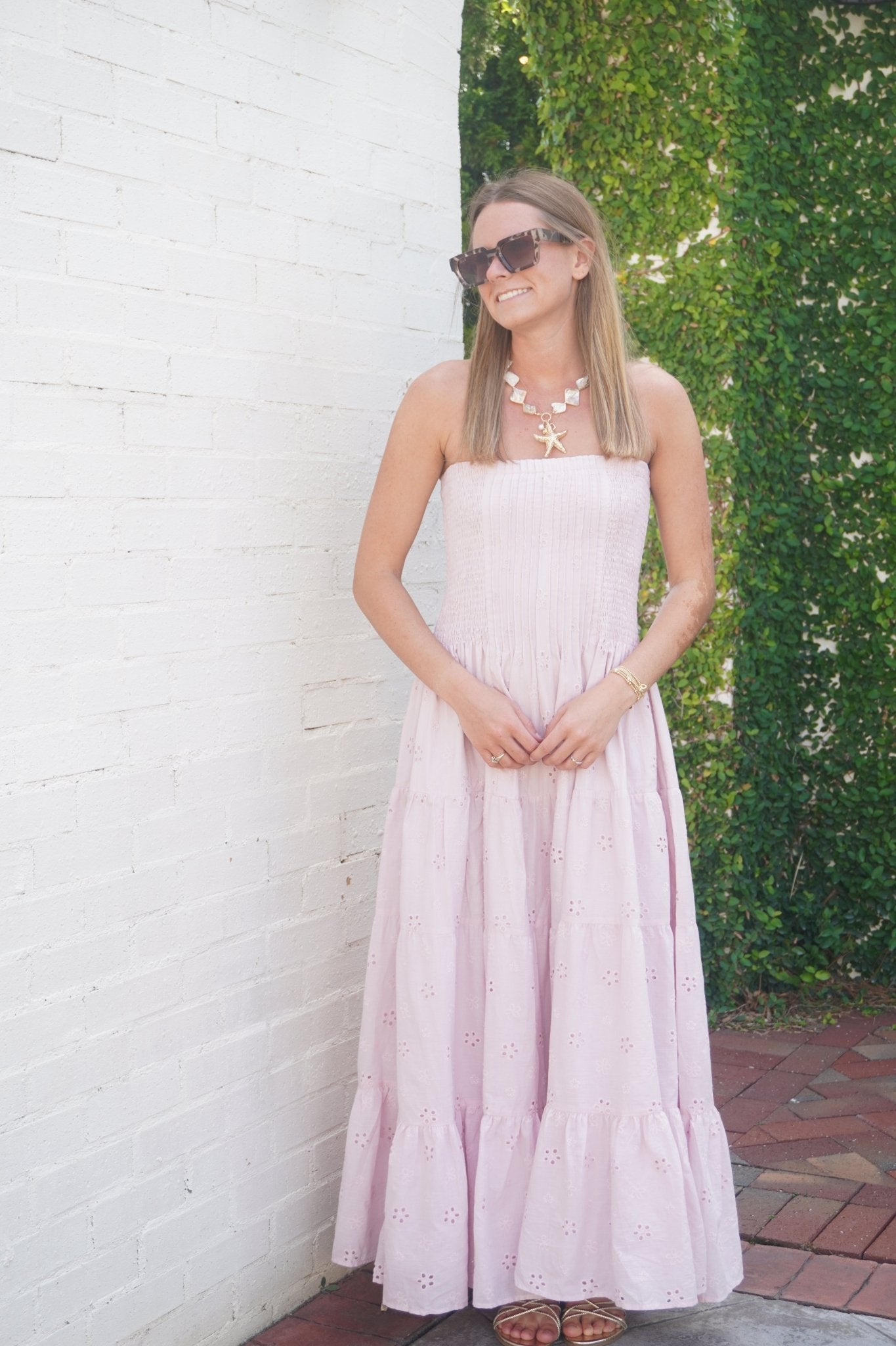 Mauve Strapless Eyelet Pleated Tiered Midi Dress - Anderson Ave boutique