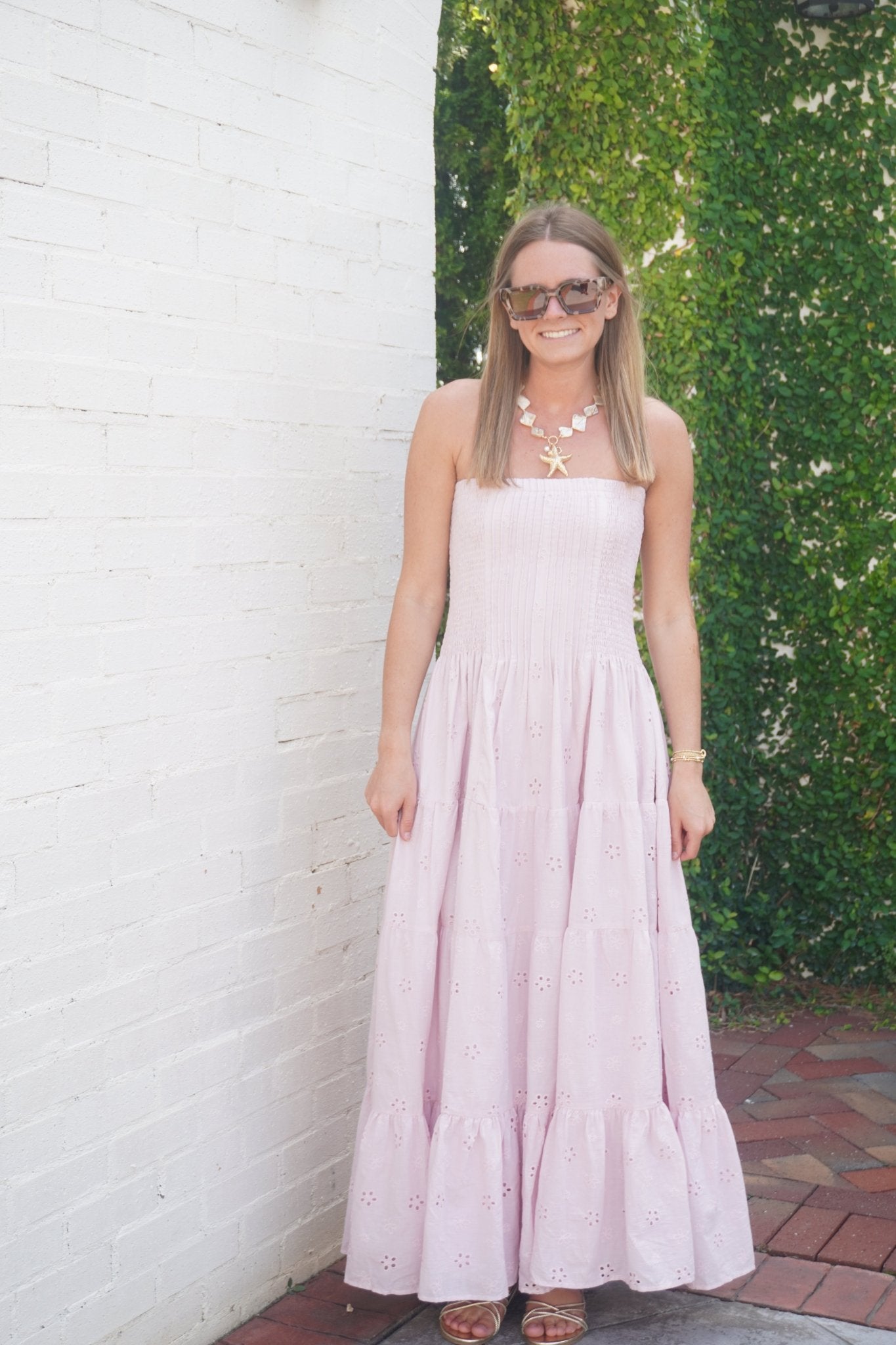 Mauve Strapless Eyelet Pleated Tiered Midi Dress - Anderson Ave boutique