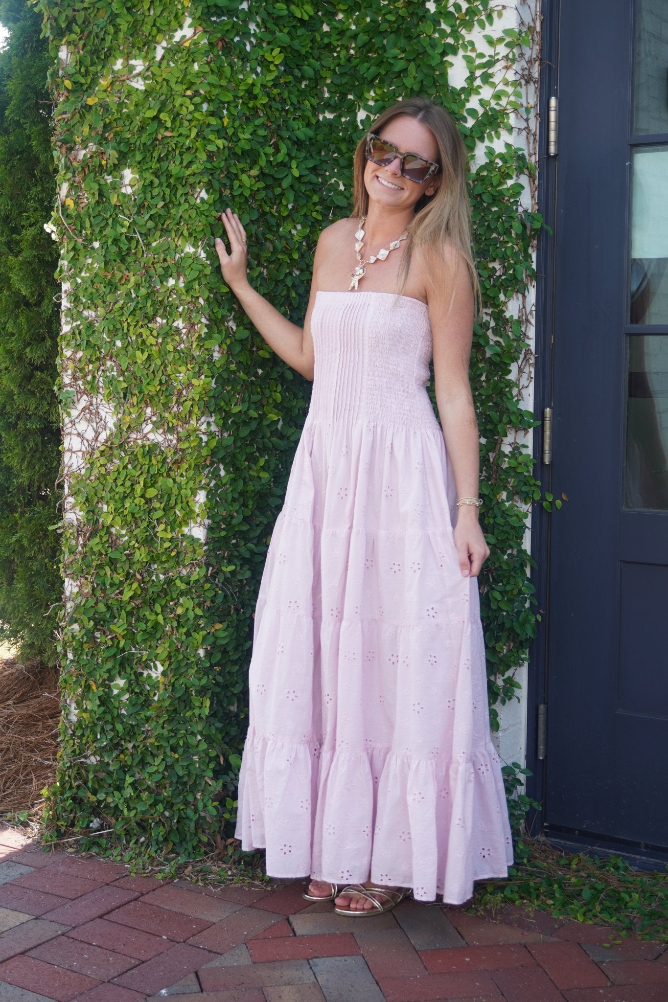 Mauve Strapless Eyelet Pleated Tiered Midi Dress - Anderson Ave boutique