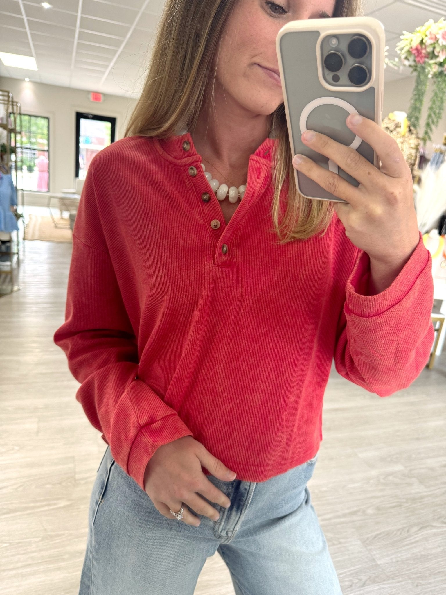 Mineral Wash Long Sleeve Henley Top - Red - Anderson Ave boutique
