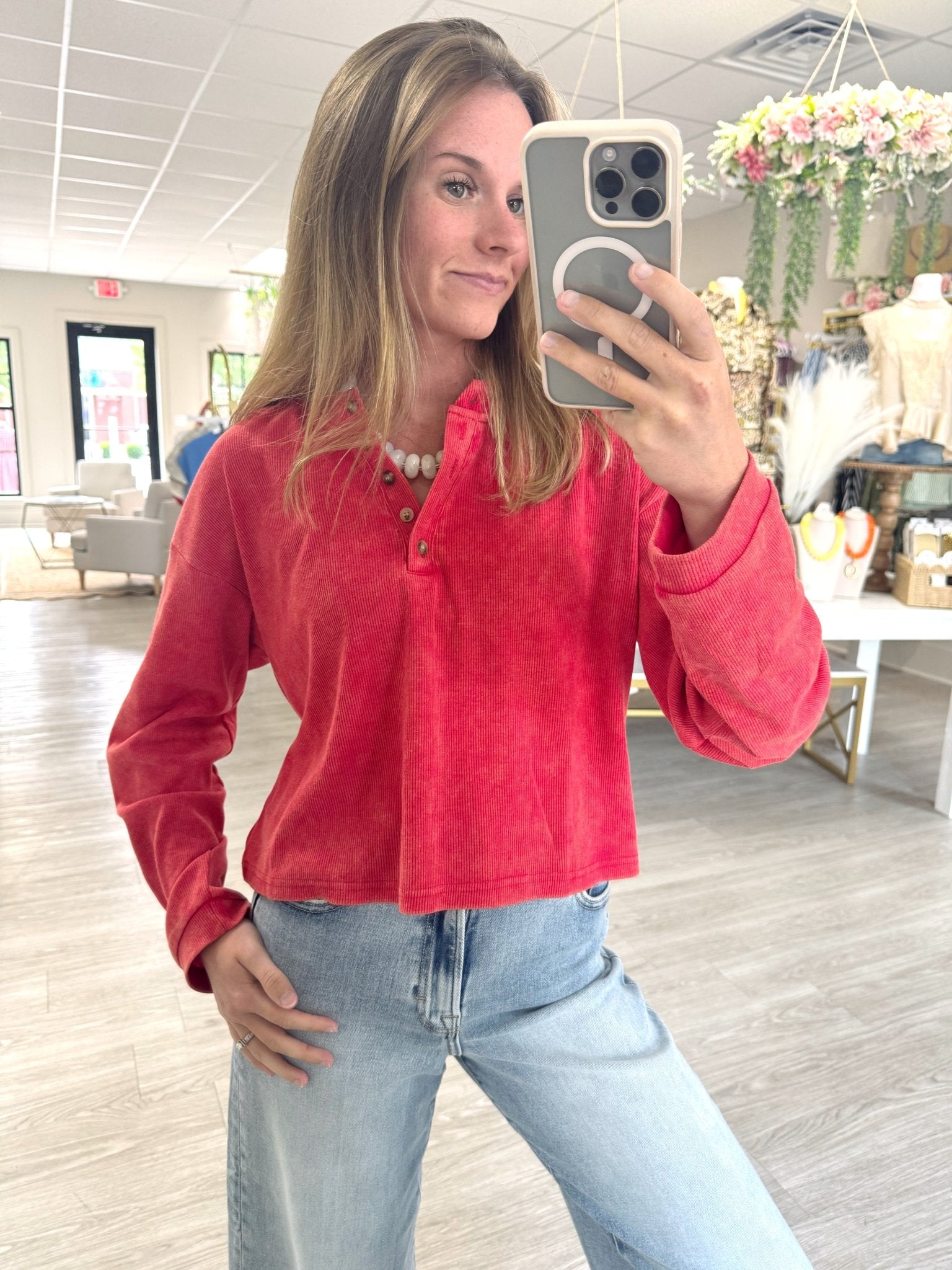 Mineral Wash Long Sleeve Henley Top - Red - Anderson Ave boutique