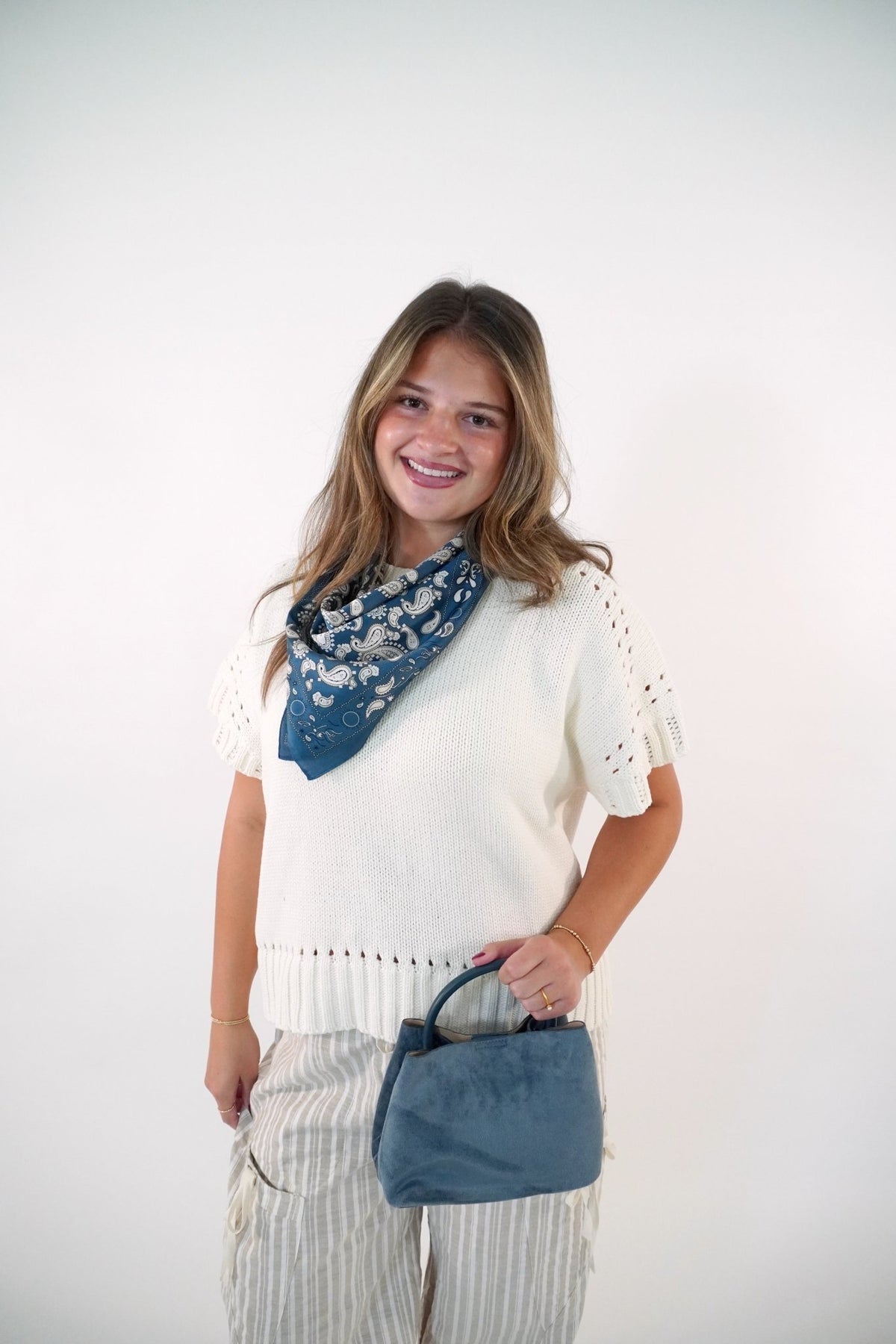 Navy and Teal Paisley Print Satin Square Scarf - Anderson Ave boutique