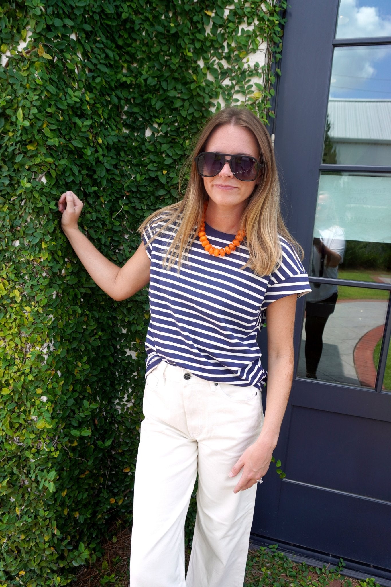 Navy Striped Cap Sleeve Tee | Relaxed Everyday Knit Top - Anderson Ave boutique