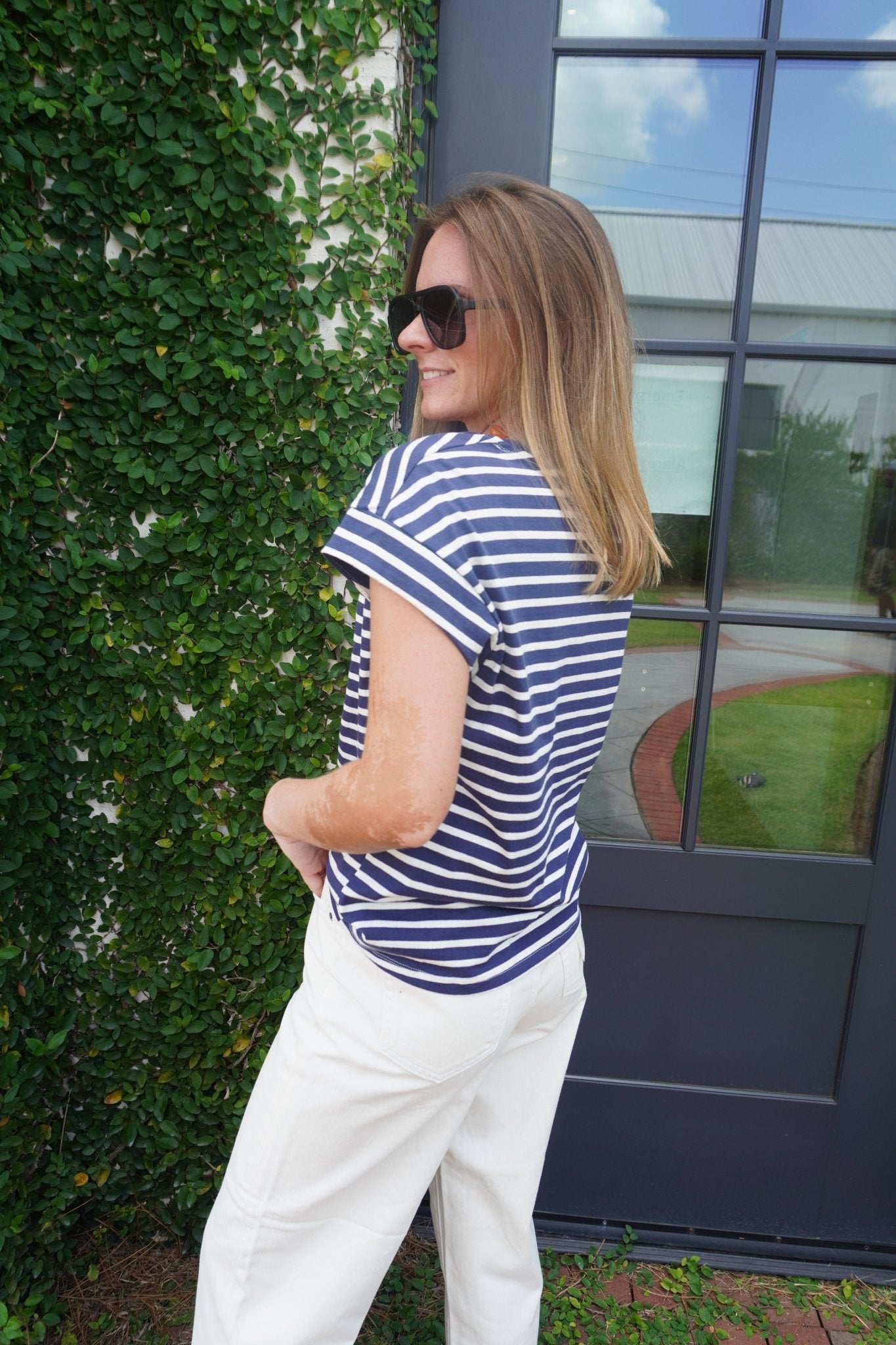 Navy Striped Cap Sleeve Tee | Relaxed Everyday Knit Top - Anderson Ave boutique