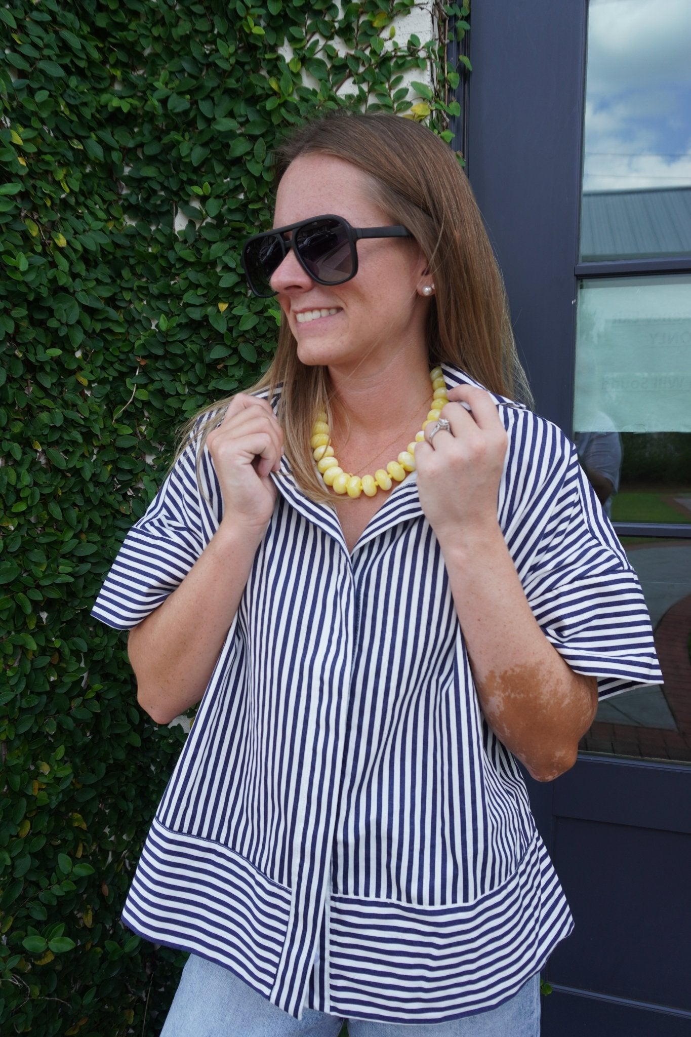 Navy Striped Cotton Button Down Top - Anderson Ave boutique