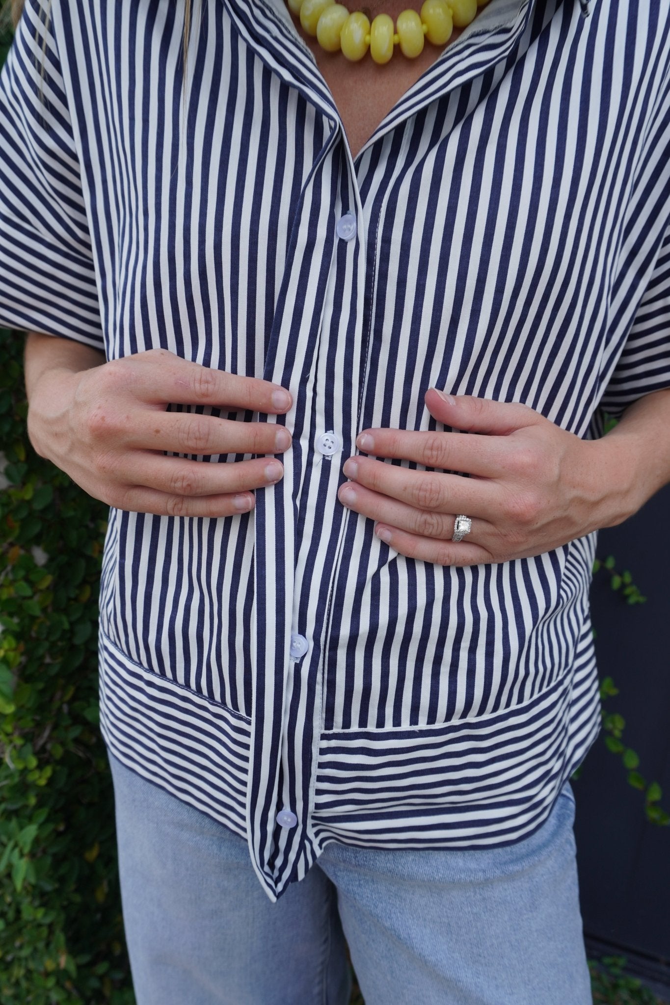 Navy Striped Cotton Button Down Top - Anderson Ave boutique
