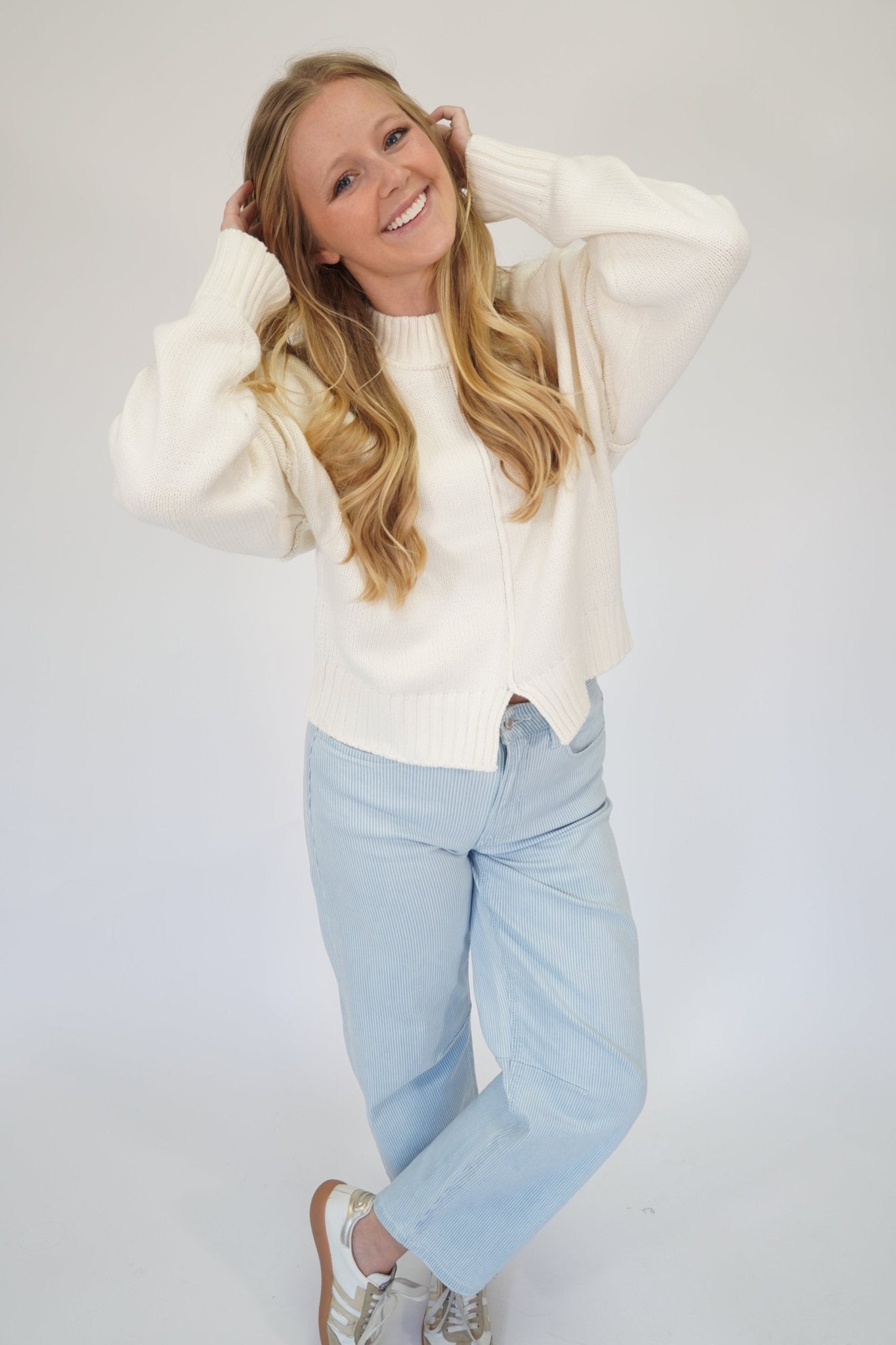 Nora Classic Ribbed Knit Pullover Top - Cream - Anderson Ave boutique