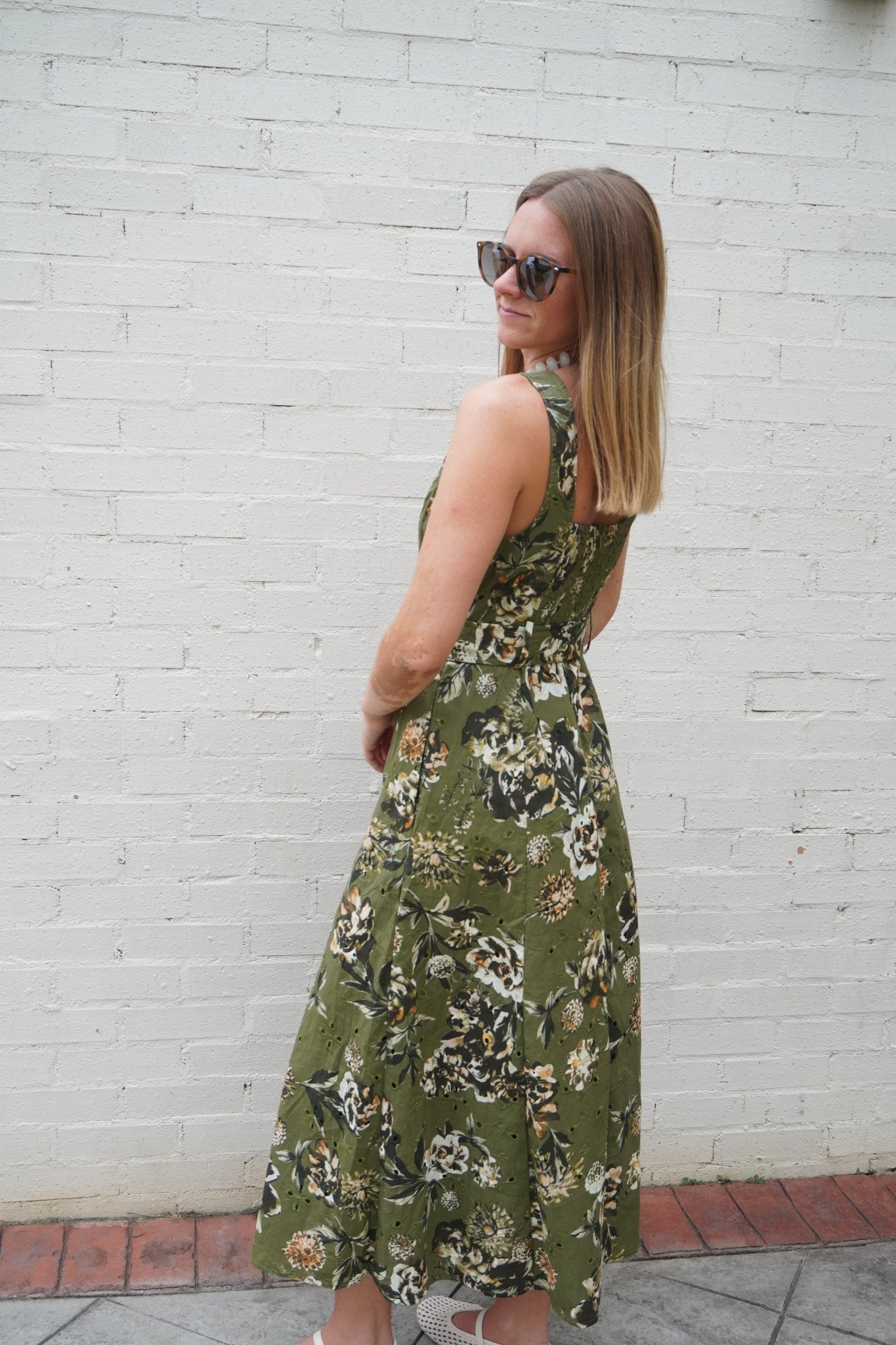 Olive Floral Belted Midi Dress - Anderson Ave boutique