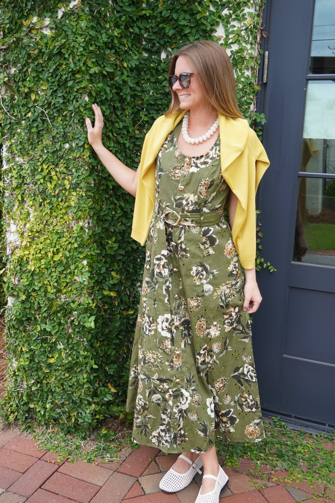 Olive Floral Belted Midi Dress - Anderson Ave boutique