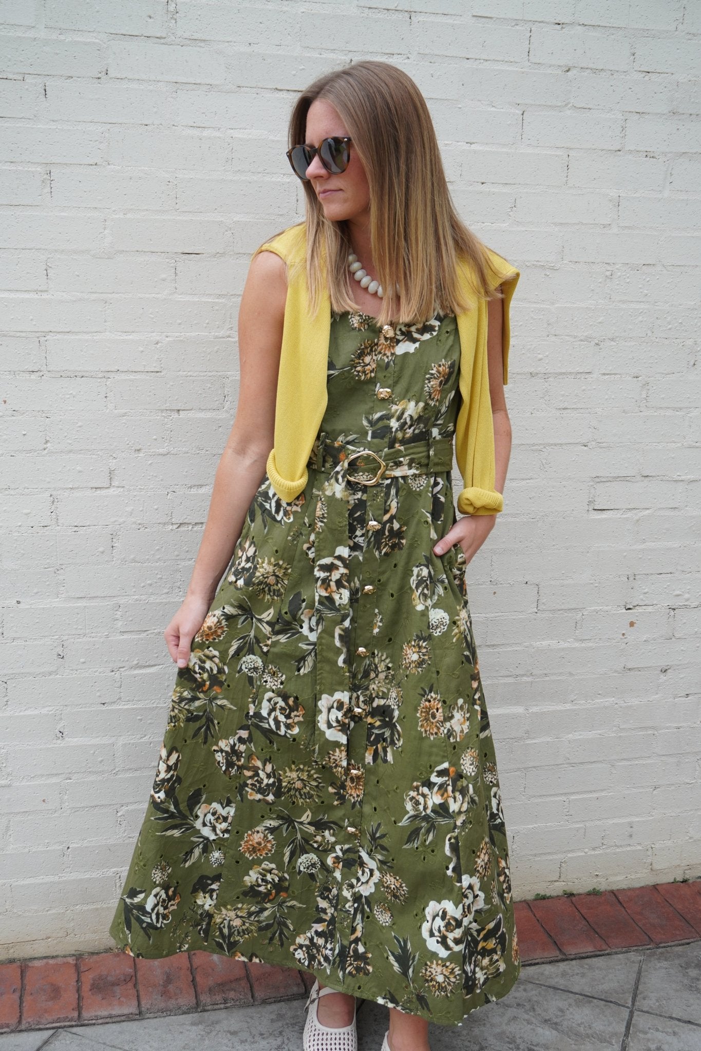 Olive Floral Belted Midi Dress - Anderson Ave boutique