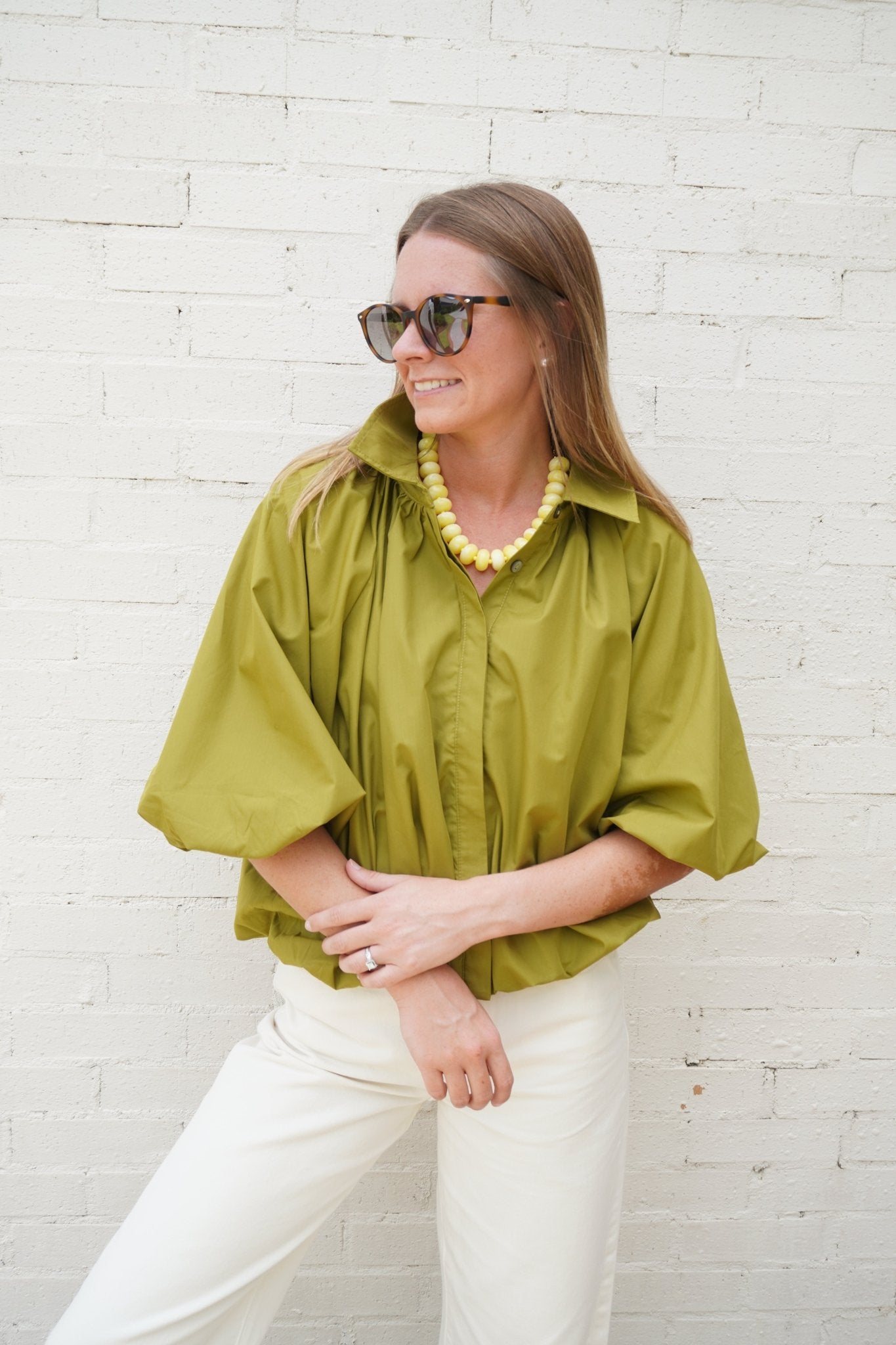 Olive Gathered Balloon Sleeve Blouse - Anderson Ave boutique