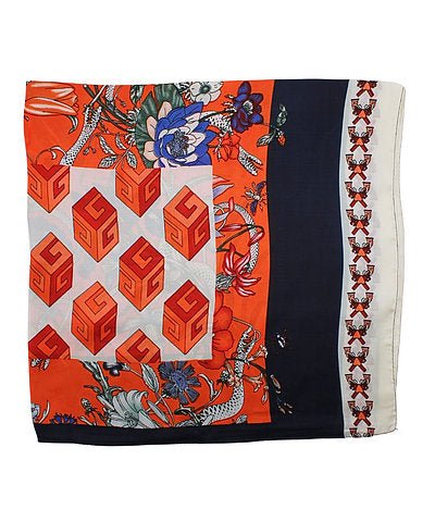 Orange and Navy Floral Print Satin Square Scarf - Anderson Ave boutique