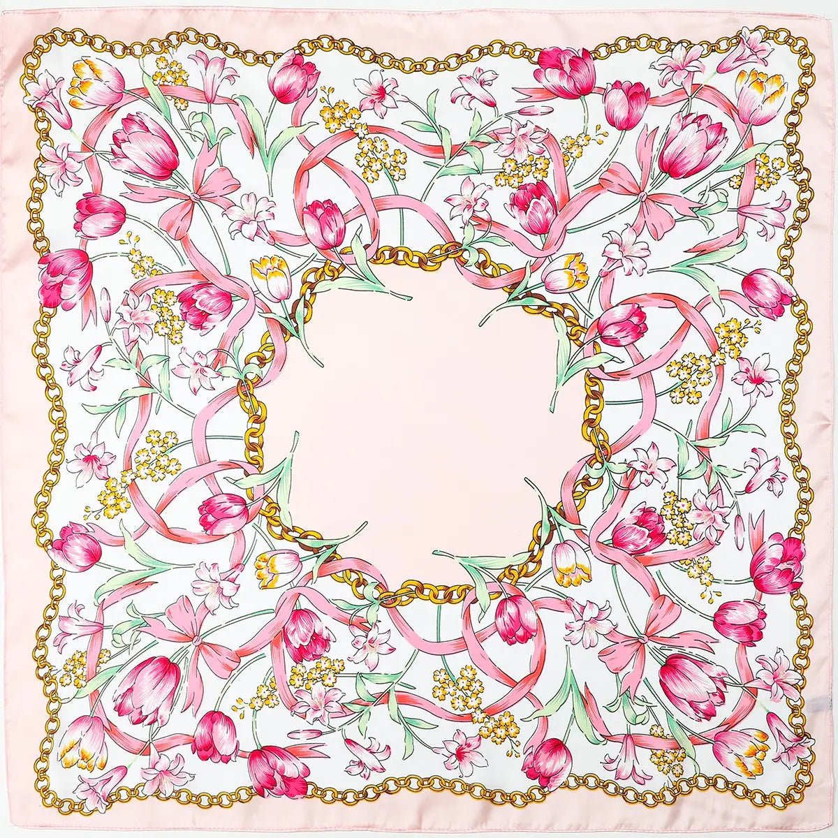 Pink Botanical Silk - Finish Scarf – Golden Chain & Floral Square Bandana - Anderson Ave boutique
