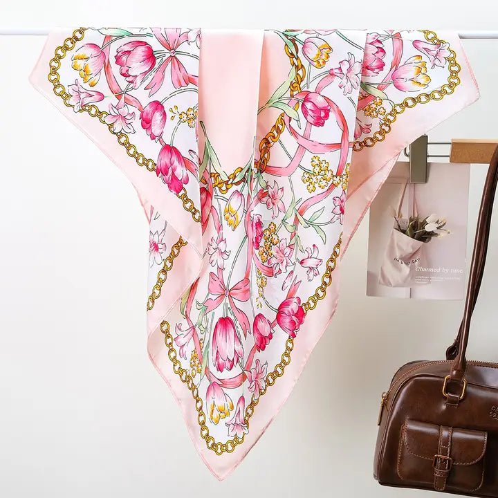 Pink Botanical Silk - Finish Scarf – Golden Chain & Floral Square Bandana - Anderson Ave boutique