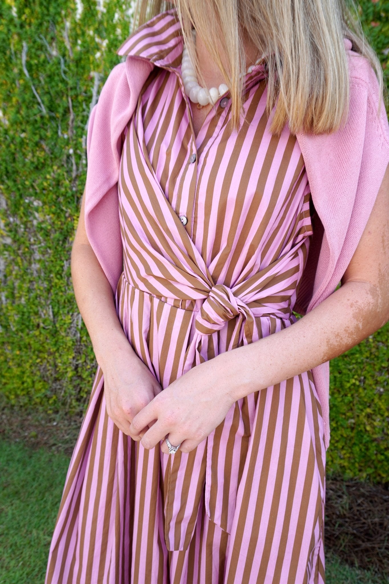 Pink & Brown Striped Tie Waist Midi Dress - Anderson Ave boutique