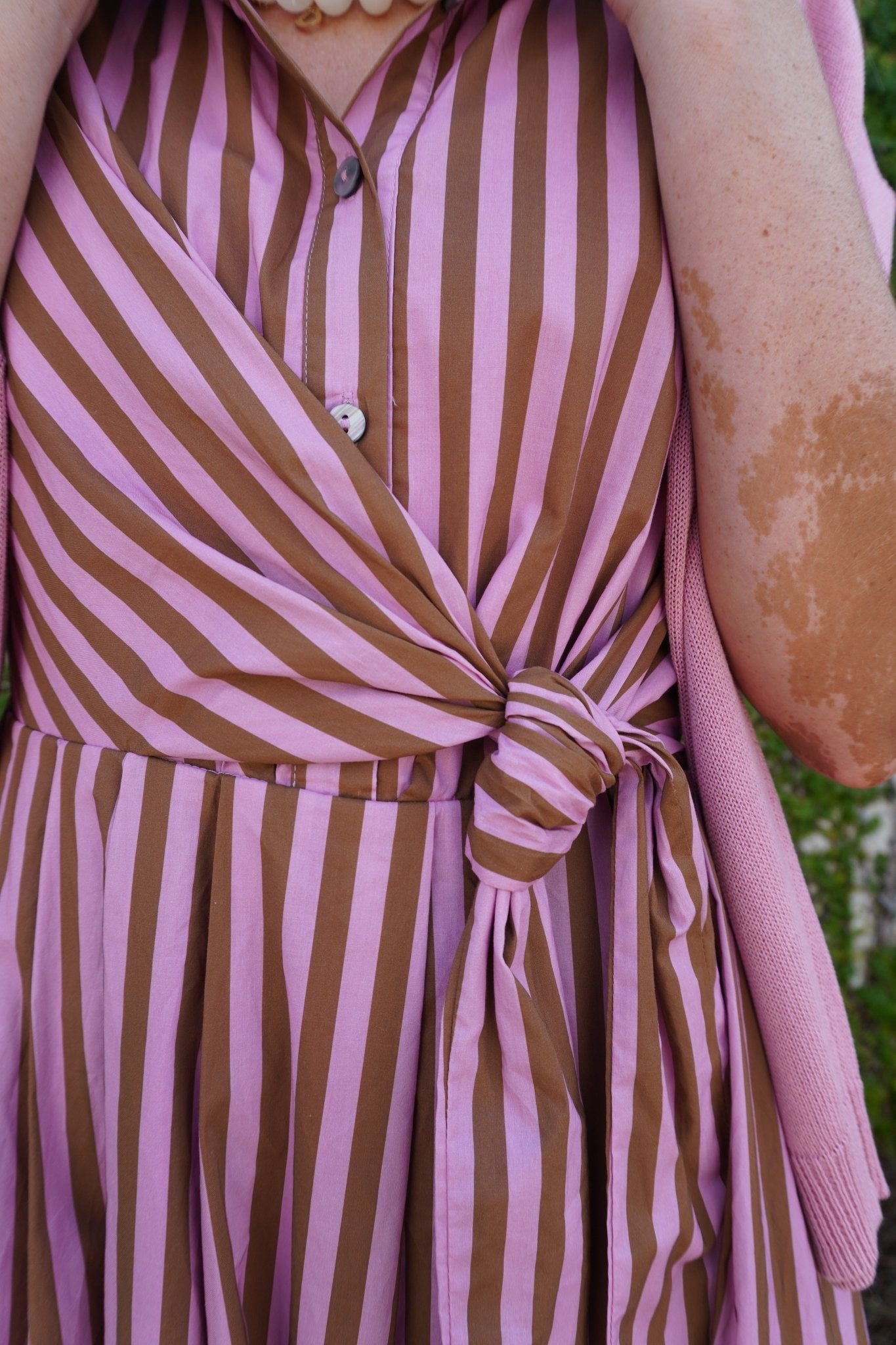 Pink & Brown Striped Tie Waist Midi Dress - Anderson Ave boutique