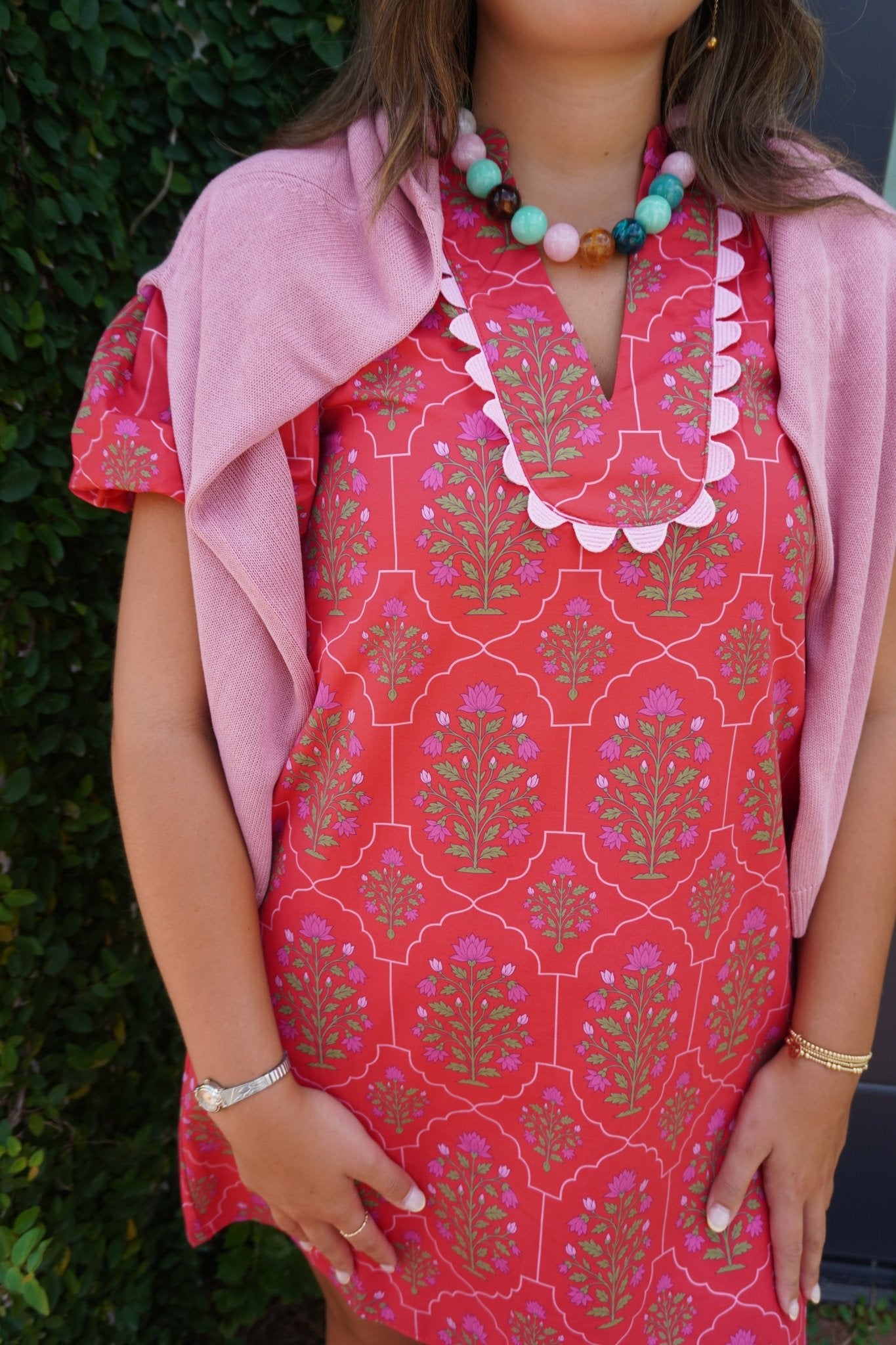 Pink Floral Scallop Trim Mini Dress - Anderson Ave boutique