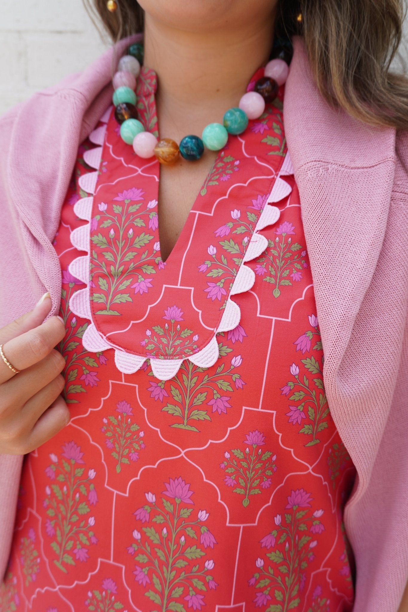 Pink Floral Scallop Trim Mini Dress - Anderson Ave boutique