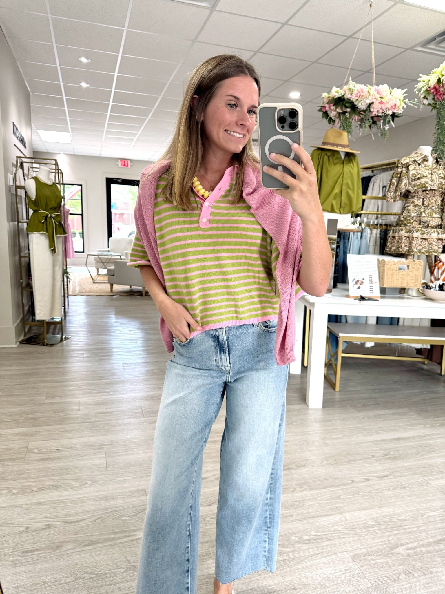 Pink & Sage Striped Henley Knit Top - Anderson Ave boutique