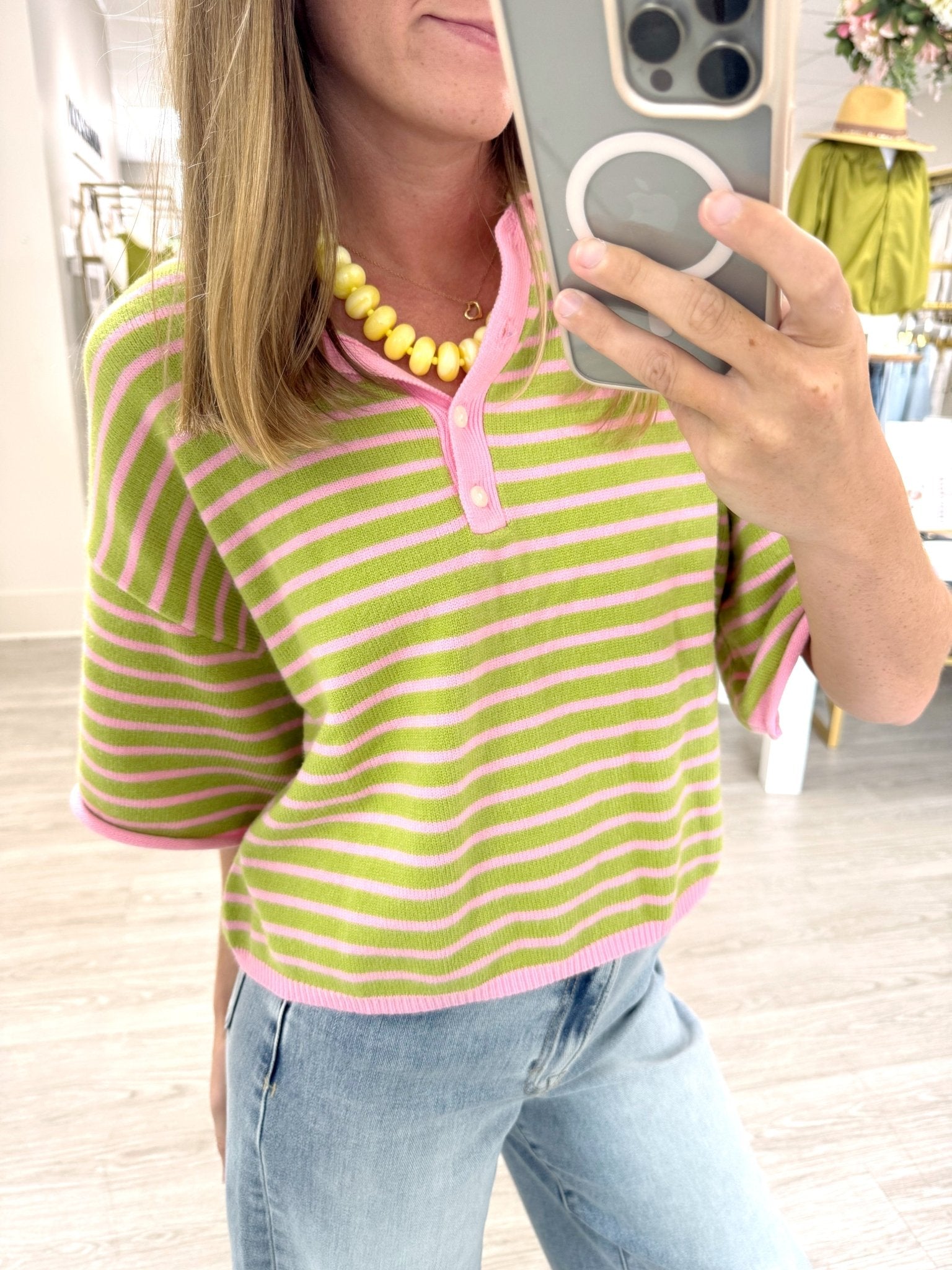 Pink & Sage Striped Henley Knit Top - Anderson Ave boutique