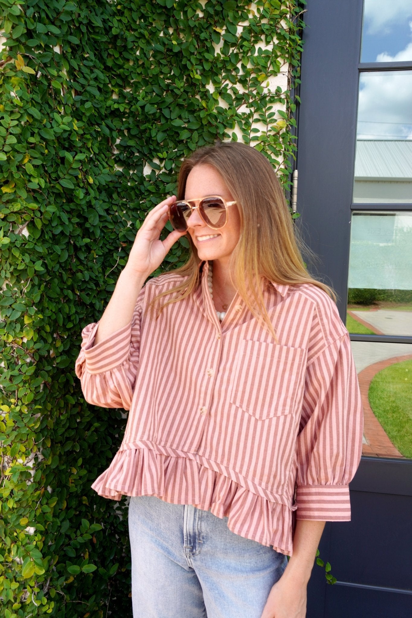 Pink Striped Ruffle Hem Blouse - Anderson Ave boutique